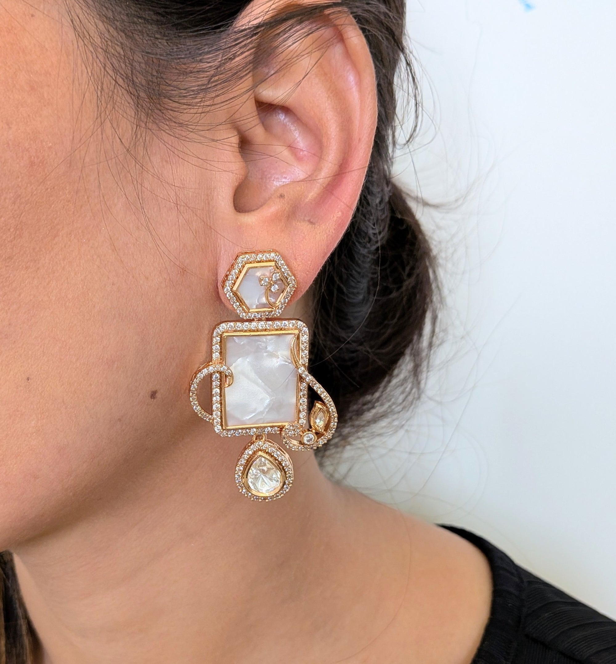 Noori Royale Mother of Pearl Earrings – pearl center with CZ diamond frame in gold