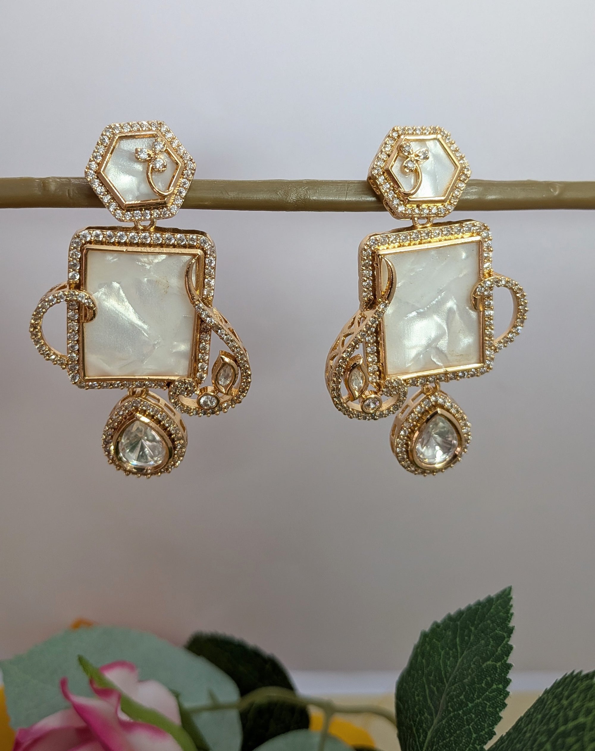 Noori Royale Mother of Pearl Earrings – pearl center with CZ diamond frame in gold