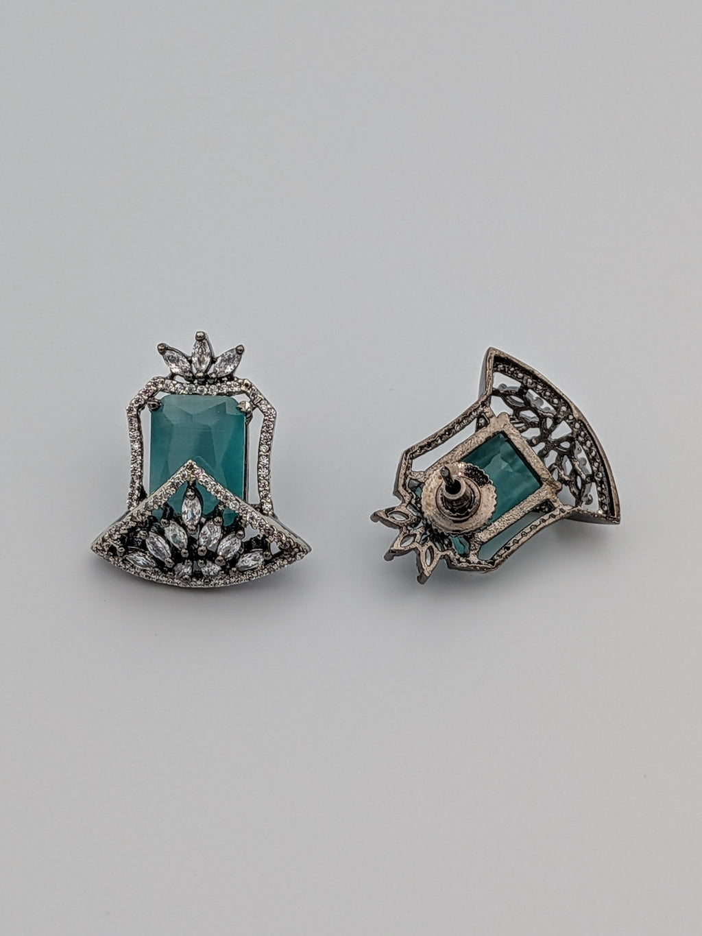 aqua earrings, blue stone earrings, zircon stud earrings, rhodium finish jewelry, statement studs, cocktail jewelry, TreasureDrum earrings, festive accessories