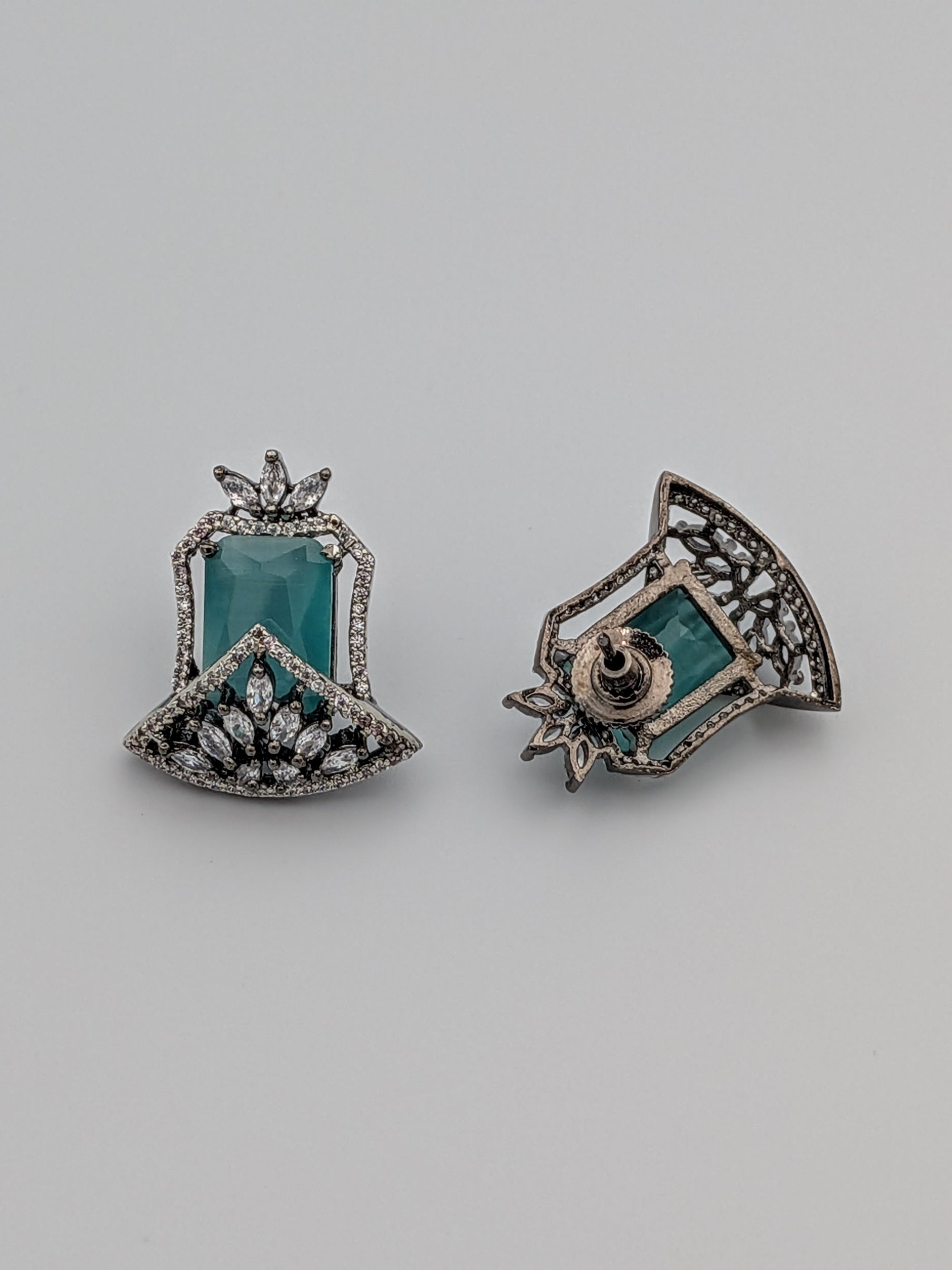 aqua earrings, blue stone earrings, zircon stud earrings, rhodium finish jewelry, statement studs, cocktail jewelry, TreasureDrum earrings, festive accessories