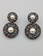 Multicolour double-disc earrings with micro stones and central pearls — vibrant festive statement earrings.