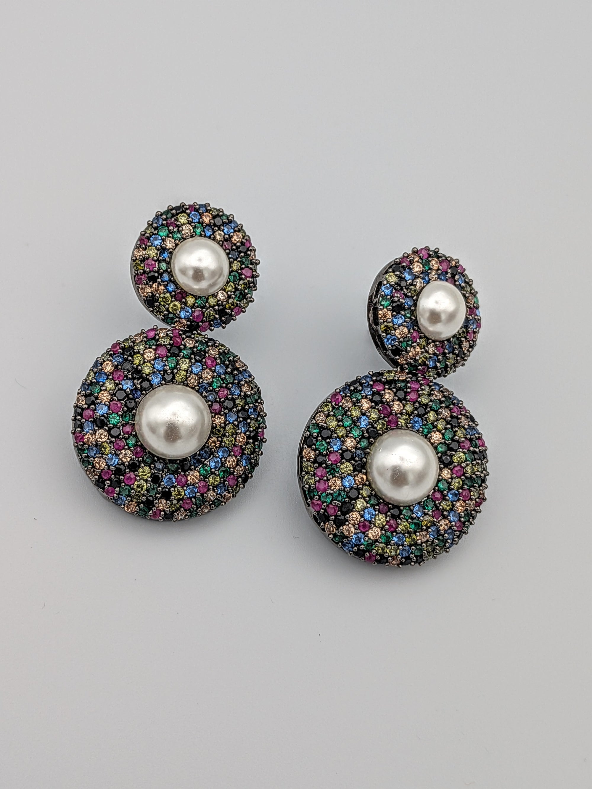 multicolour earrings, pearl drop studs, festive earrings, statement jewelry, antique finish earrings, colourful stone earrings, TreasureDrum accessories