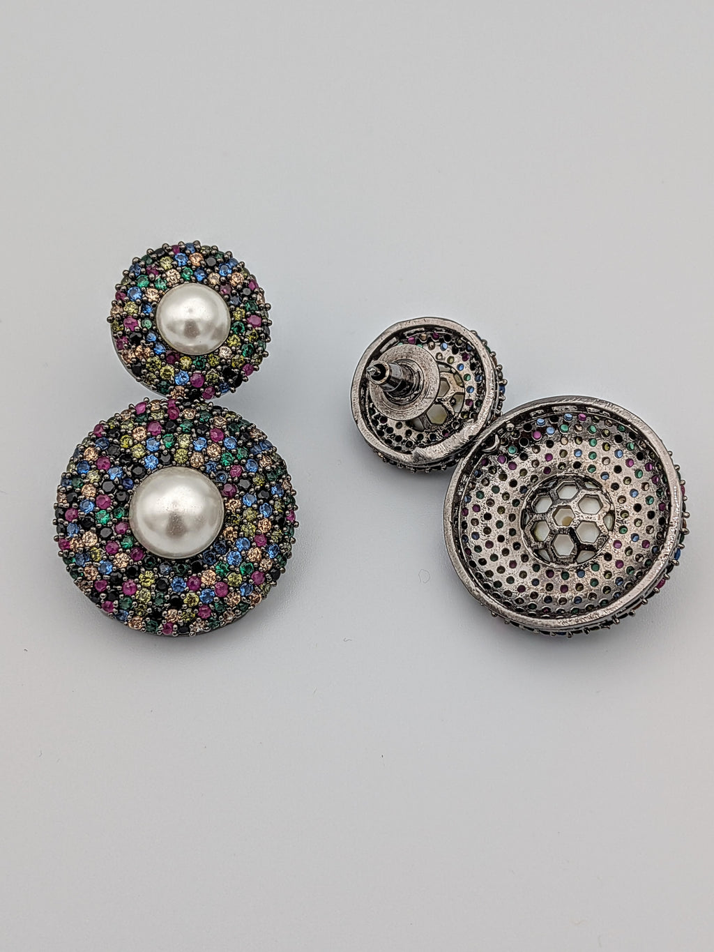 multicolour earrings, pearl drop studs, festive earrings, statement jewelry, antique finish earrings, colourful stone earrings, TreasureDrum accessories