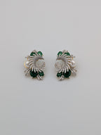 Emerald green and zircon swirl earrings with pearl accent  — premium statement earrings by TreasureDrum.