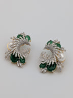 Emerald green and zircon swirl earrings with pearl accent  — premium statement earrings by TreasureDrum.