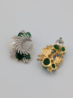 Emerald green and zircon swirl earrings with pearl accent  — premium statement earrings by TreasureDrum.