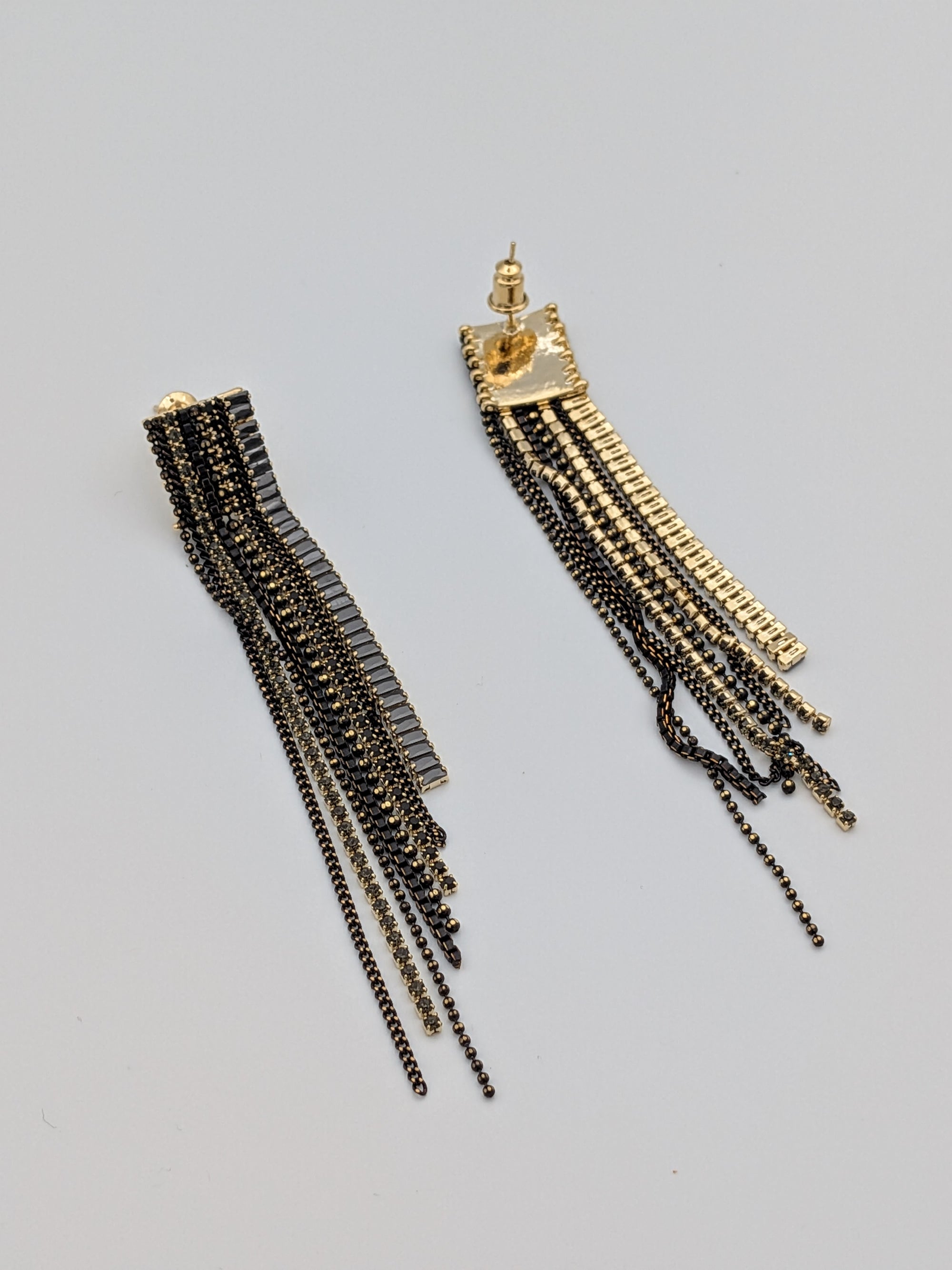 black earrings, fringe earrings, long statement earrings, party jewelry, crystal tassel earrings, Indo-Western earrings, TreasureDrum accessories