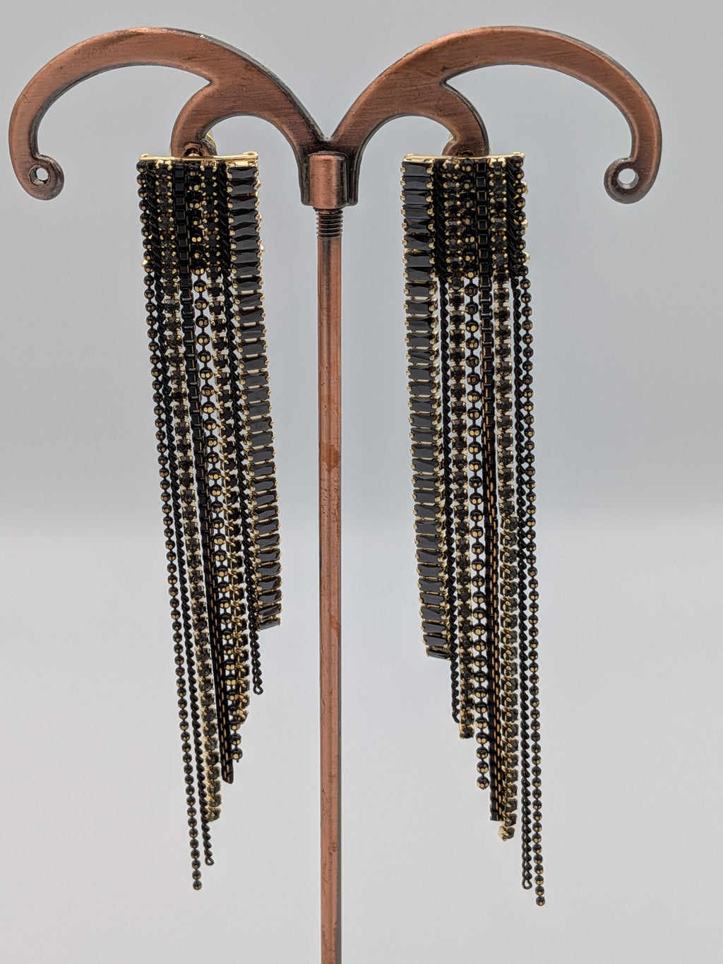 black earrings, fringe earrings, long statement earrings, party jewelry, crystal tassel earrings, Indo-Western earrings, TreasureDrum accessories