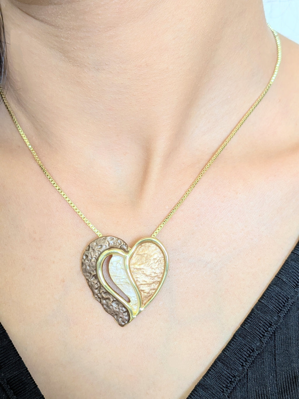 Bronzed Embrace Heart Pendant Set – textured bronze and gold heart pendant with matching earrings