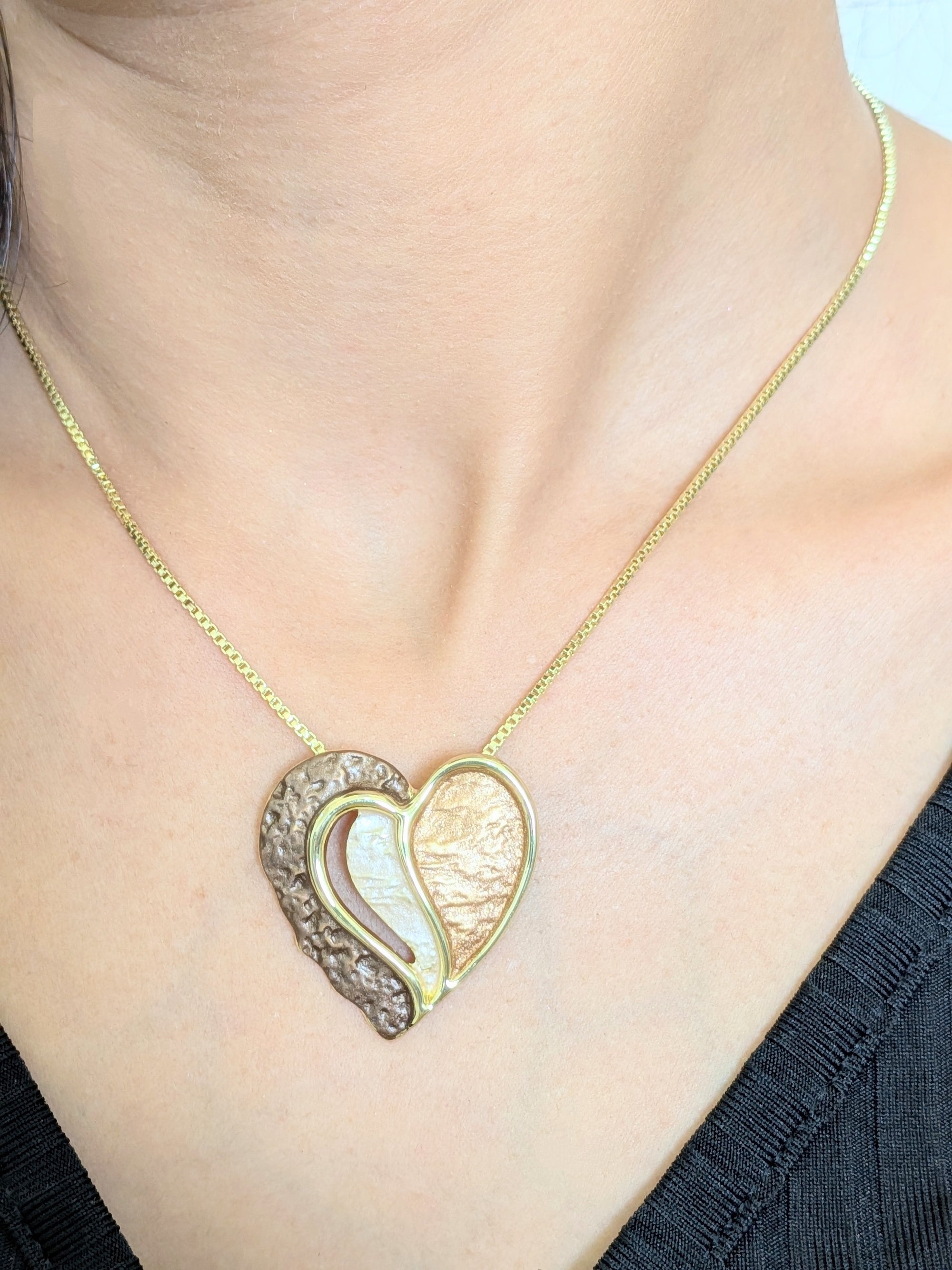 Bronzed Embrace Heart Pendant Set – textured bronze and gold heart pendant with matching earrings