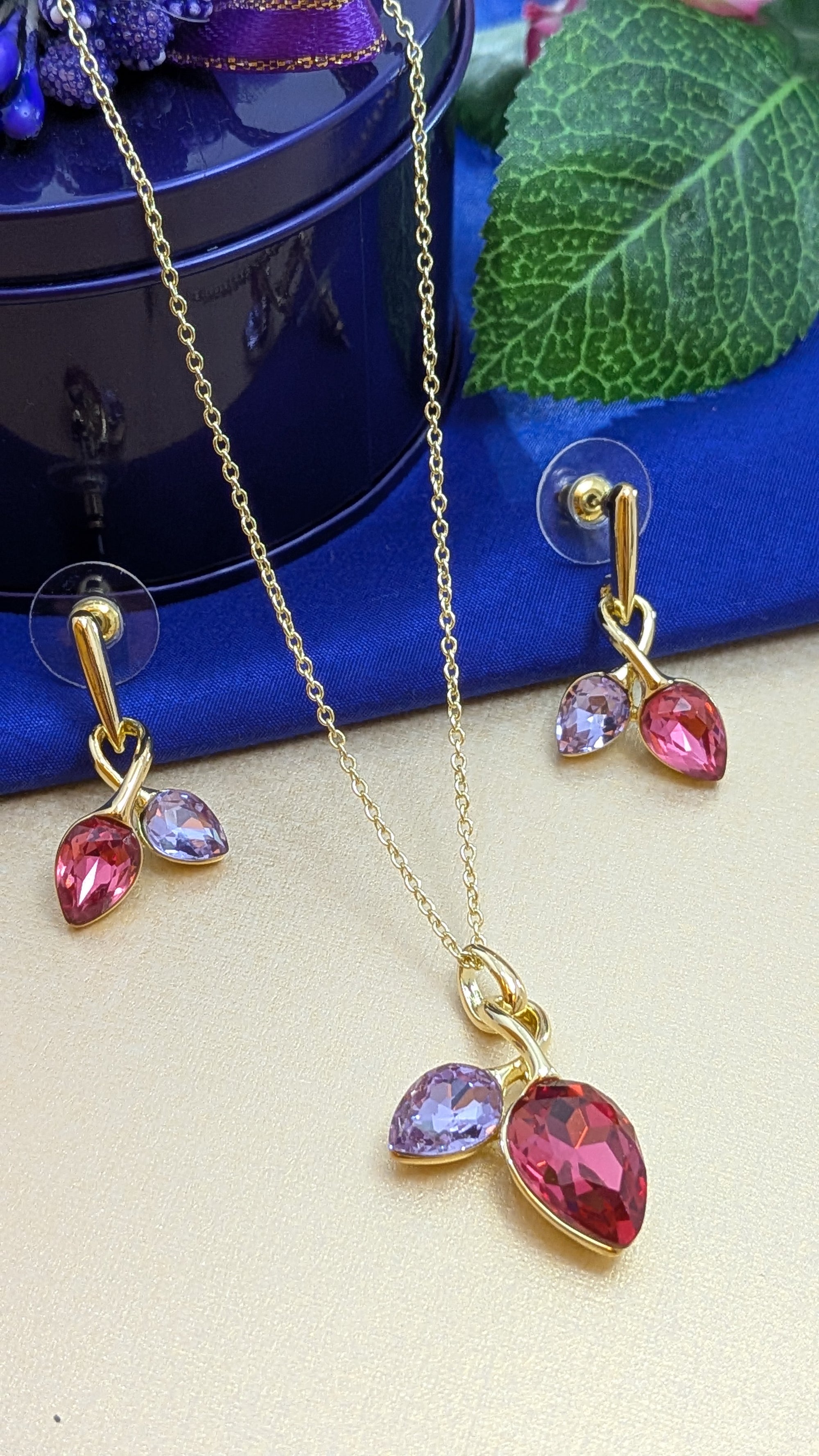Scarlet Blush Twin Drop Pendant Set – ruby red and lavender gems in gold