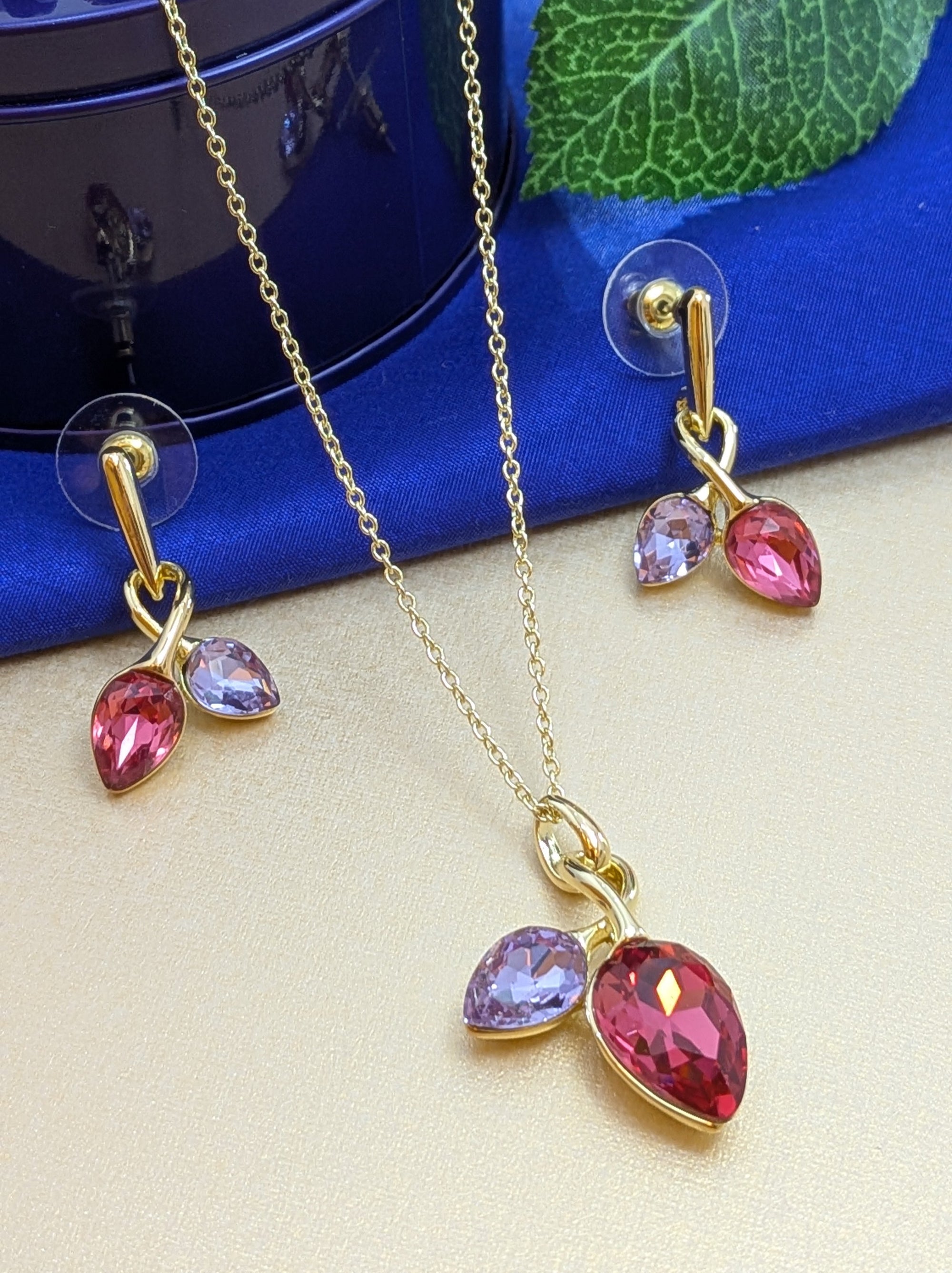 Scarlet Blush Twin Drop Pendant Set – ruby red and lavender gems in gold