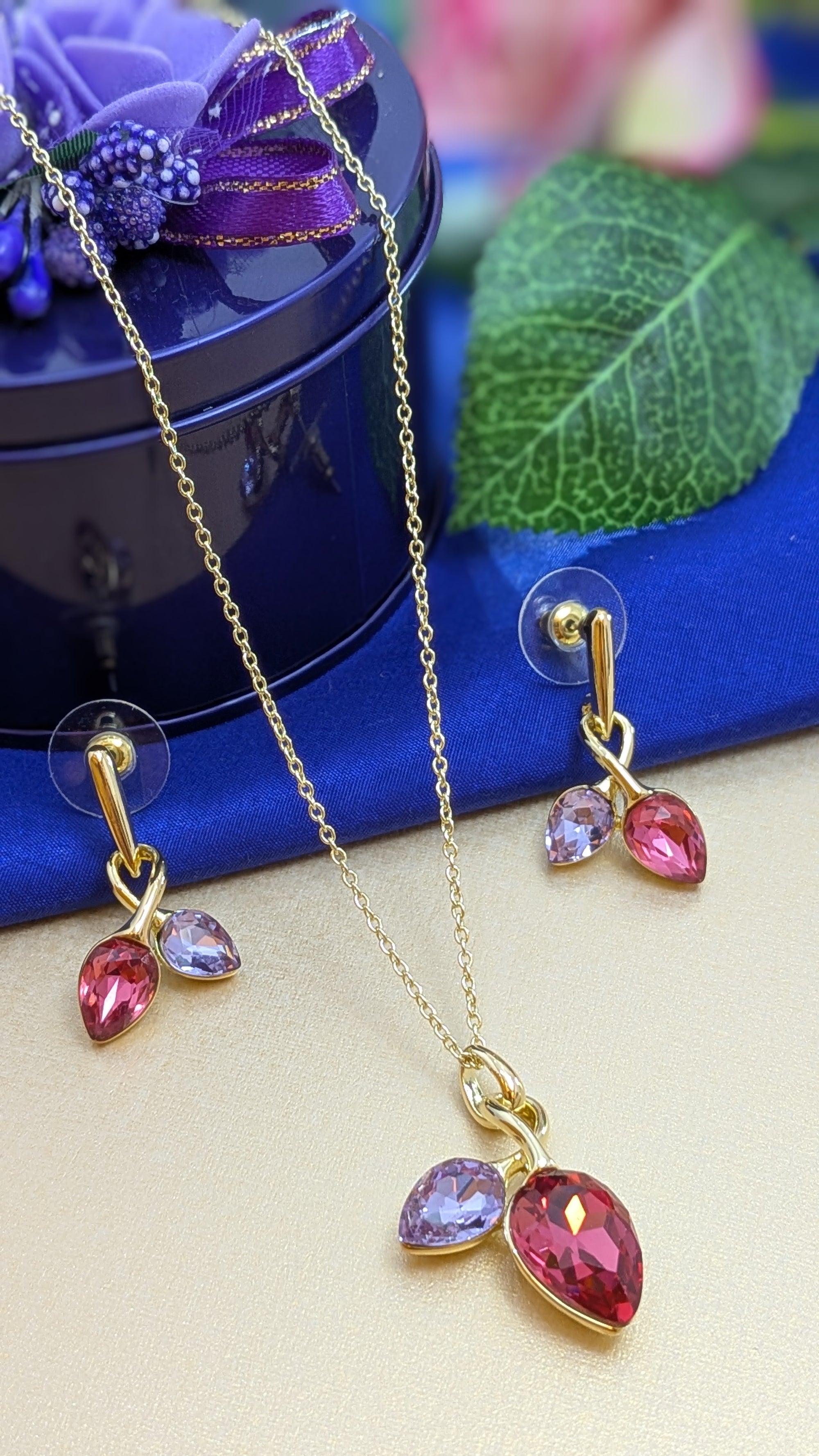 Scarlet Blush Twin Drop Pendant Set – ruby red and lavender gems in gold
