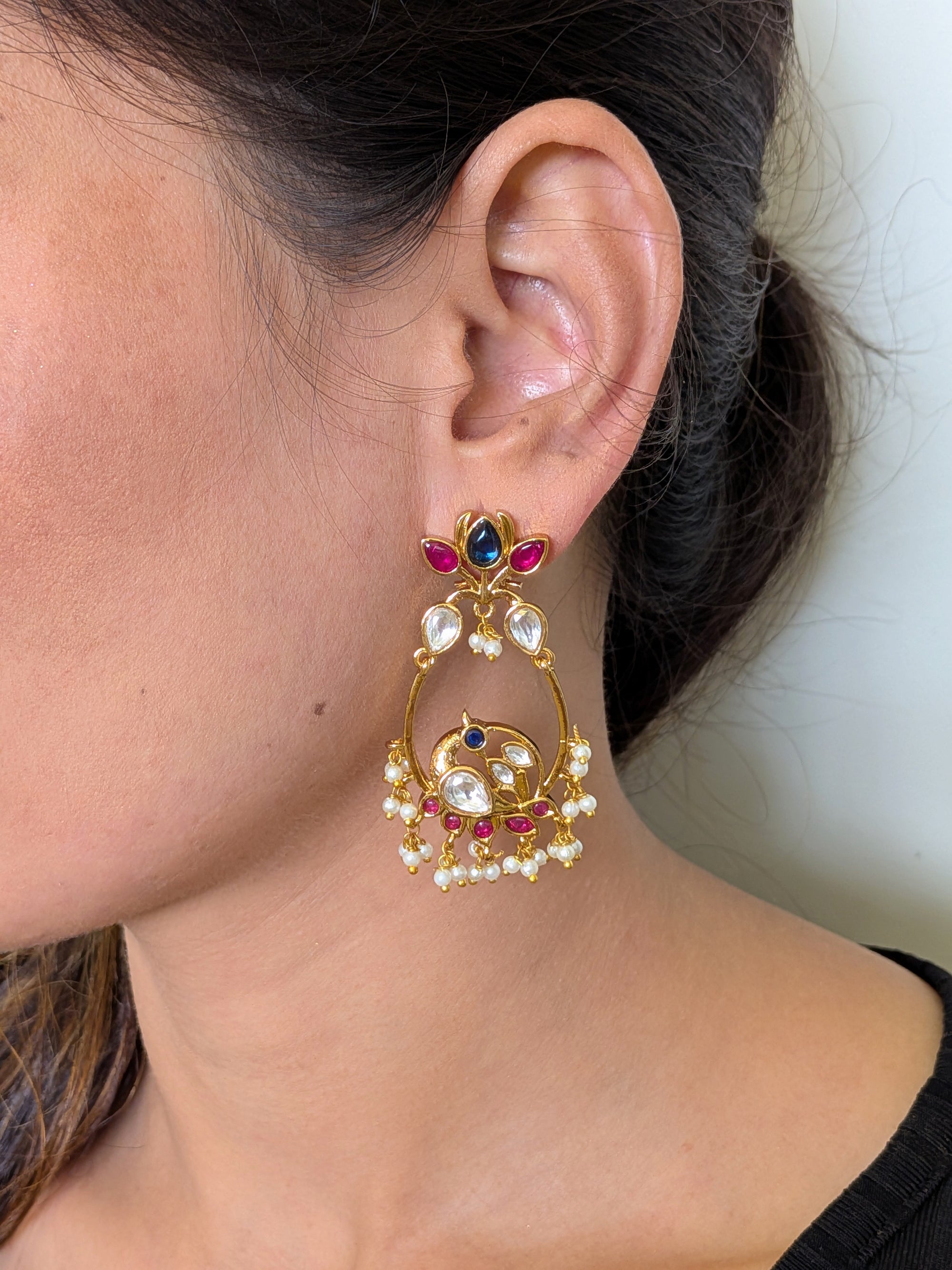 Heritage Pearl Chandbaalis – enamel earrings with kundan stones and pearl hangings