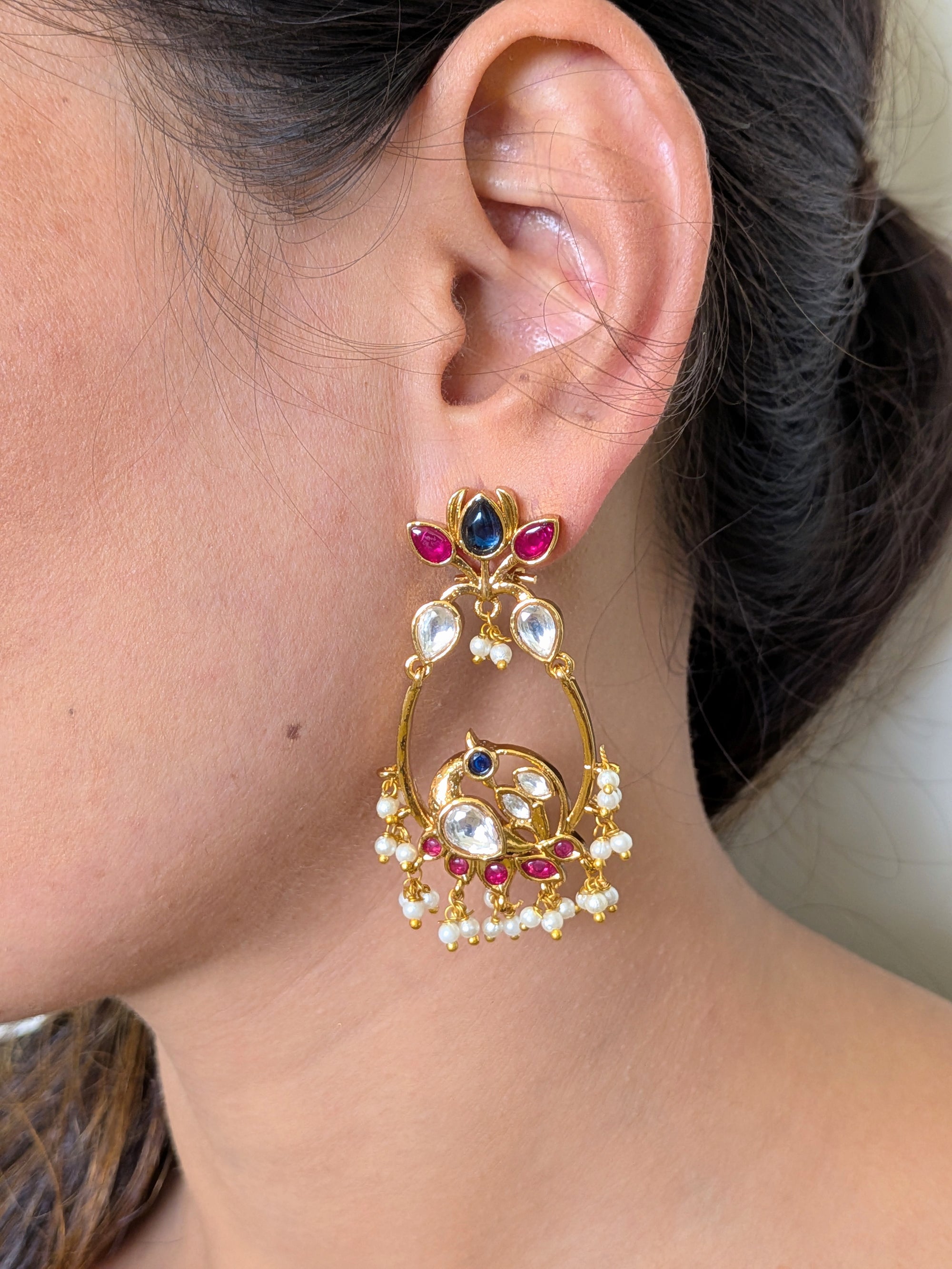 Heritage Pearl Chandbaalis – enamel earrings with kundan stones and pearl hangings