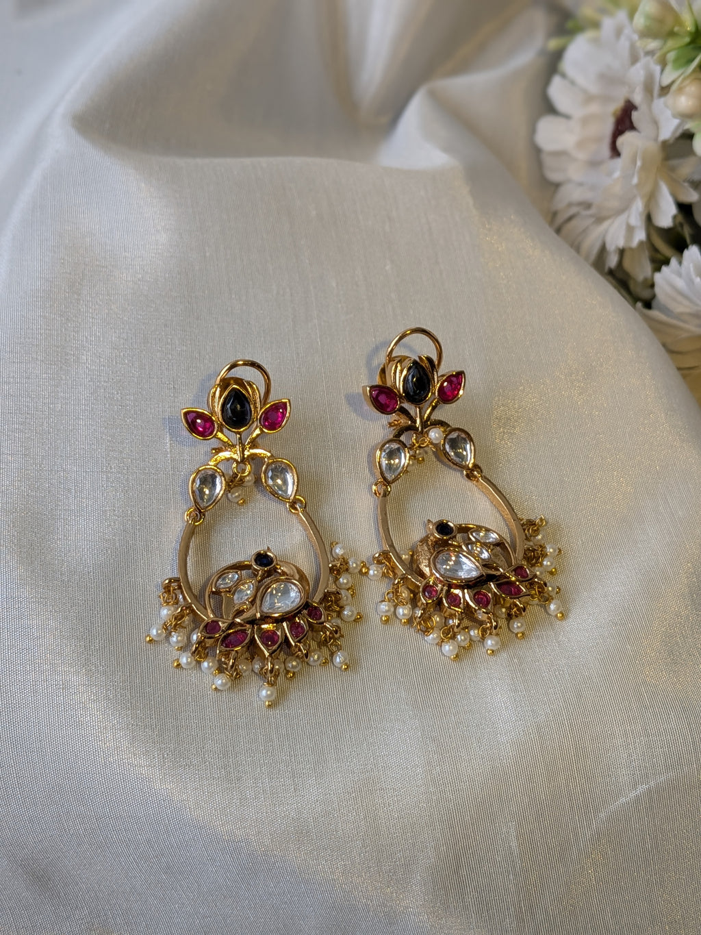 Heritage Pearl Chandbaalis – enamel earrings with kundan stones and pearl hangings