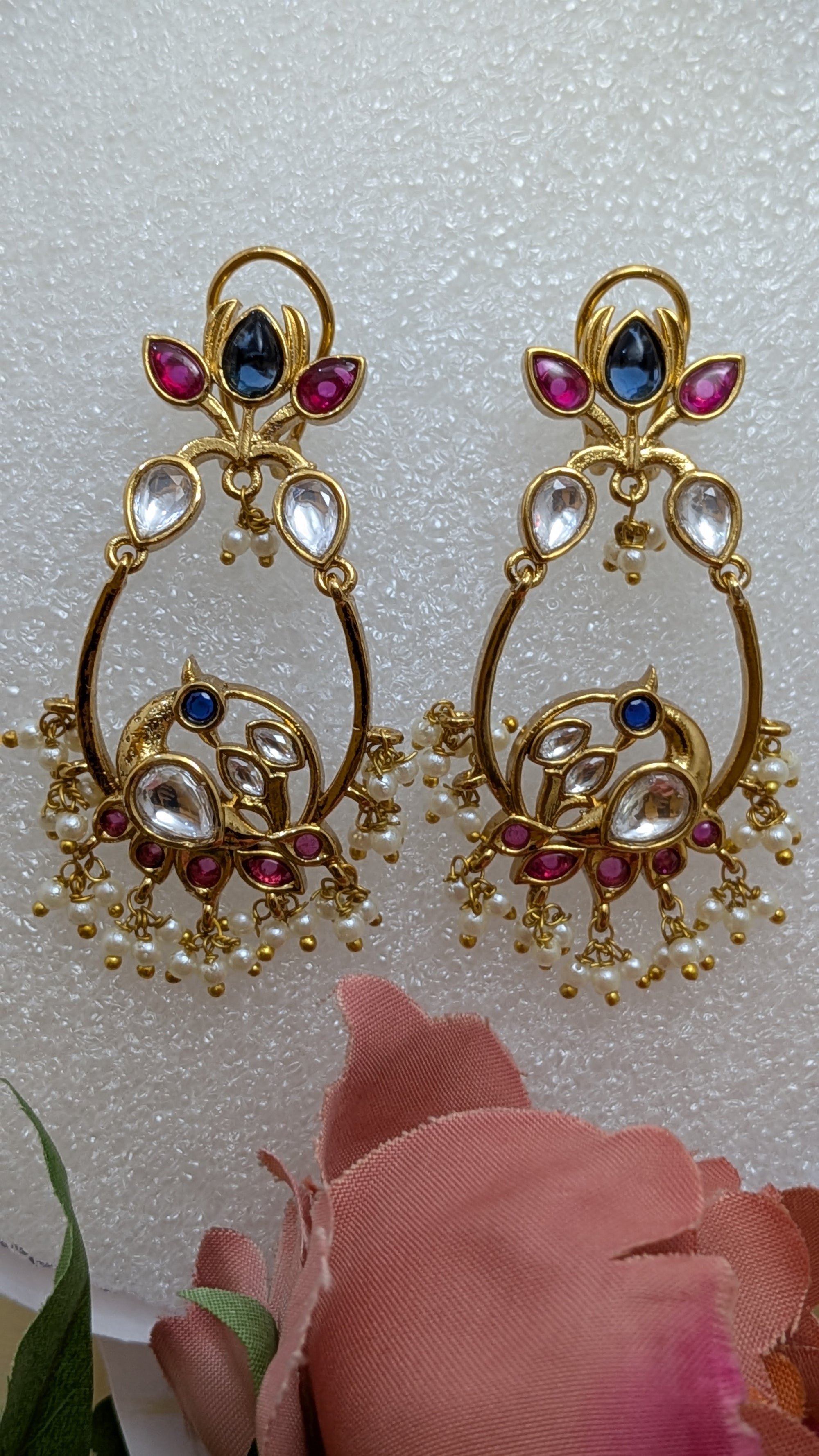 Heritage Pearl Chandbaalis – enamel earrings with kundan stones and pearl hangings