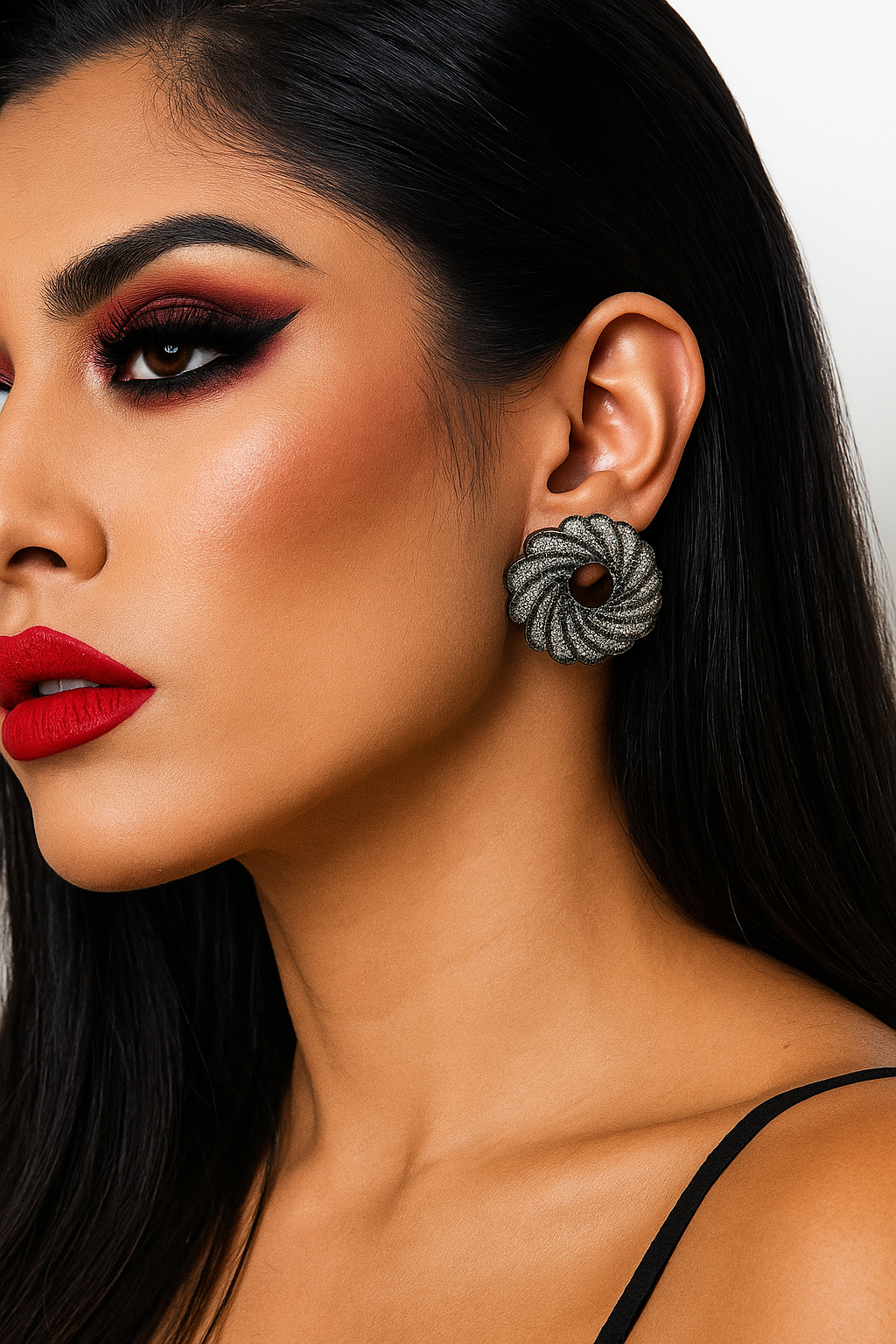 Twilight Swirl Studs – spiral gunmetal studs with black and white zirconia