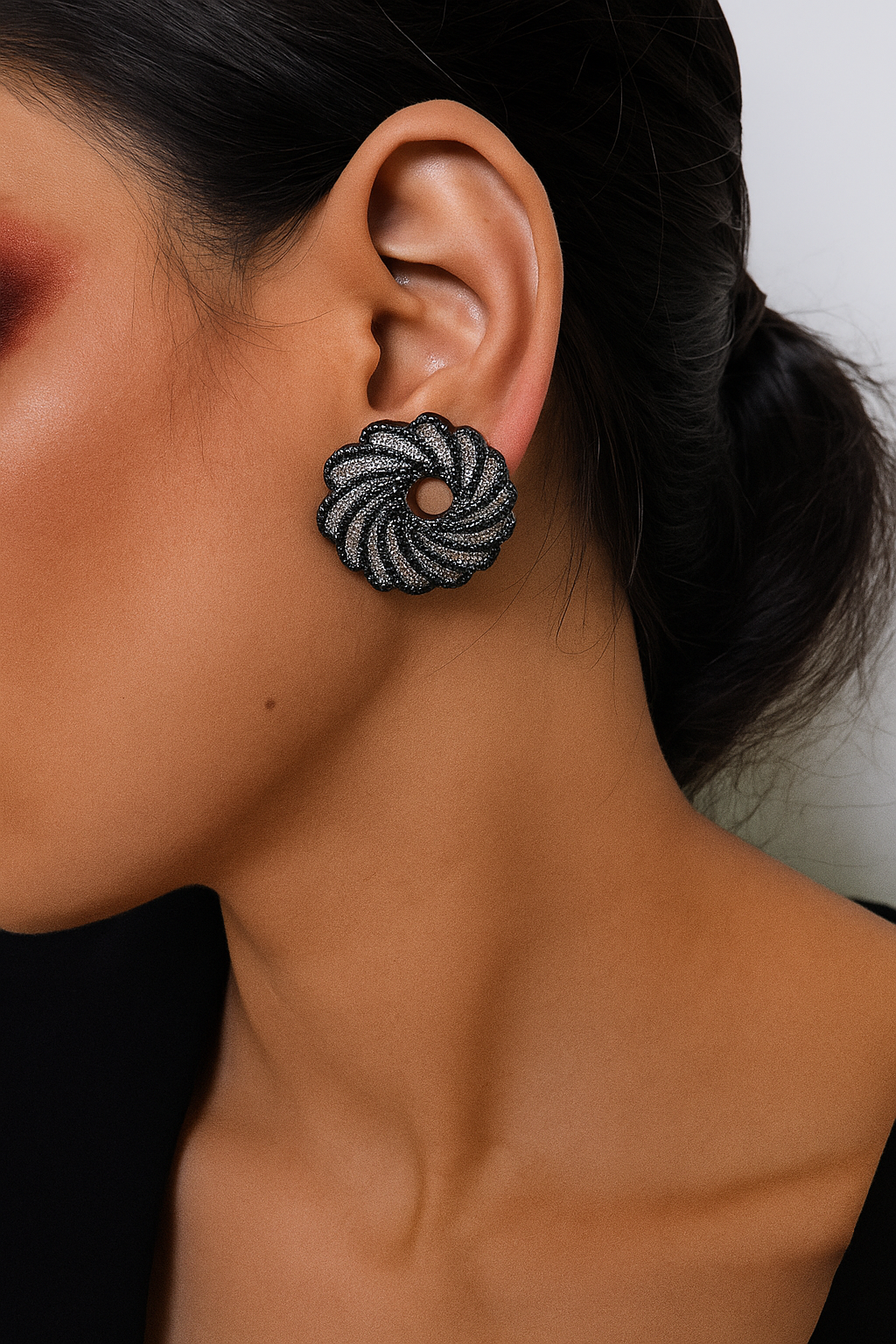 Twilight Swirl Studs – spiral gunmetal studs with black and white zirconia