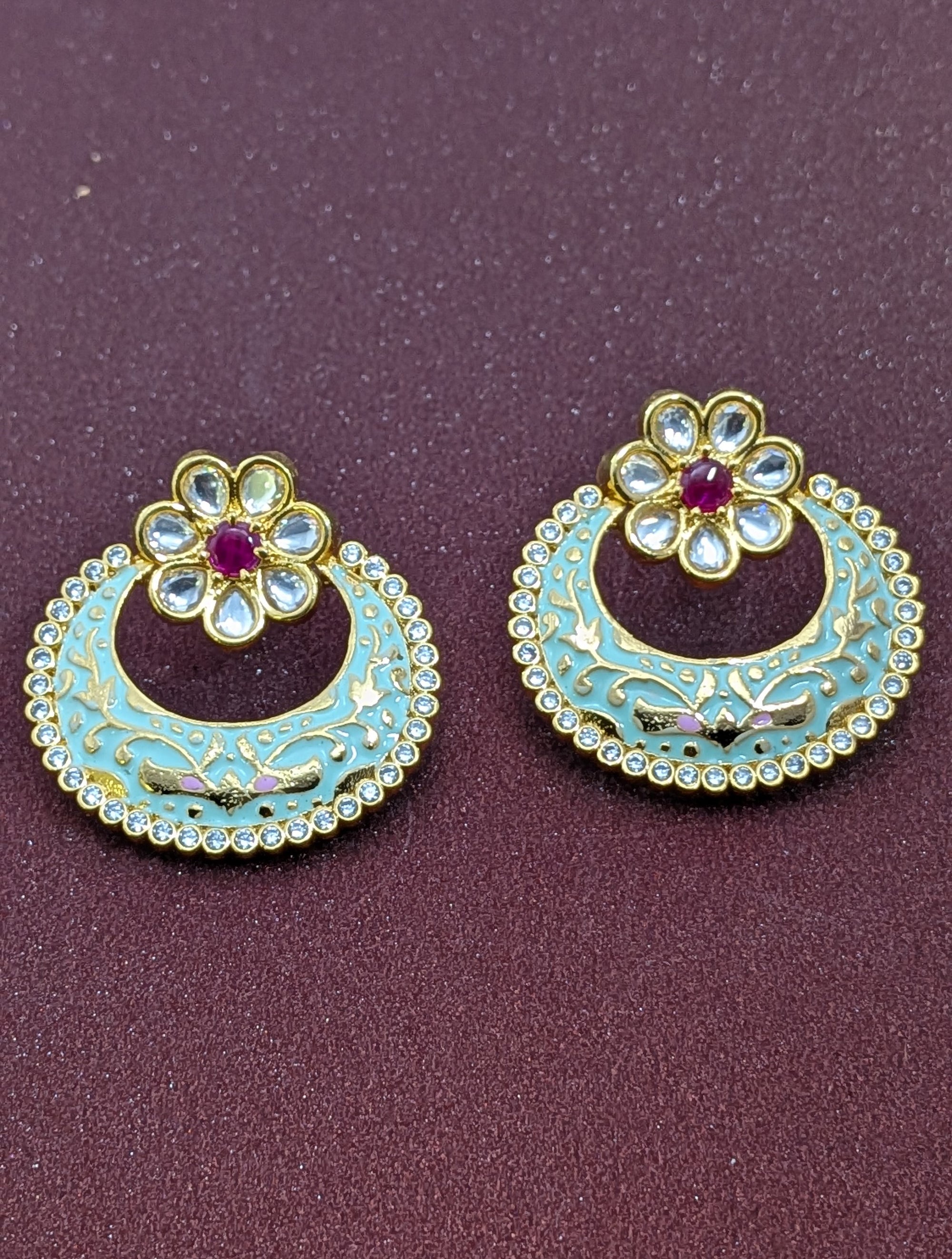 Meena Kundan Bloom Earrings – kundan flower with ruby center on sky blue crescent