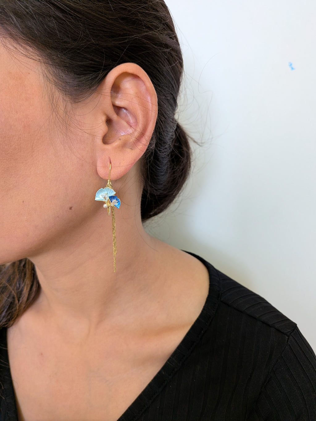 BlueBloom Tassel Drops – enamel petals, crystal accents, and gold tassels