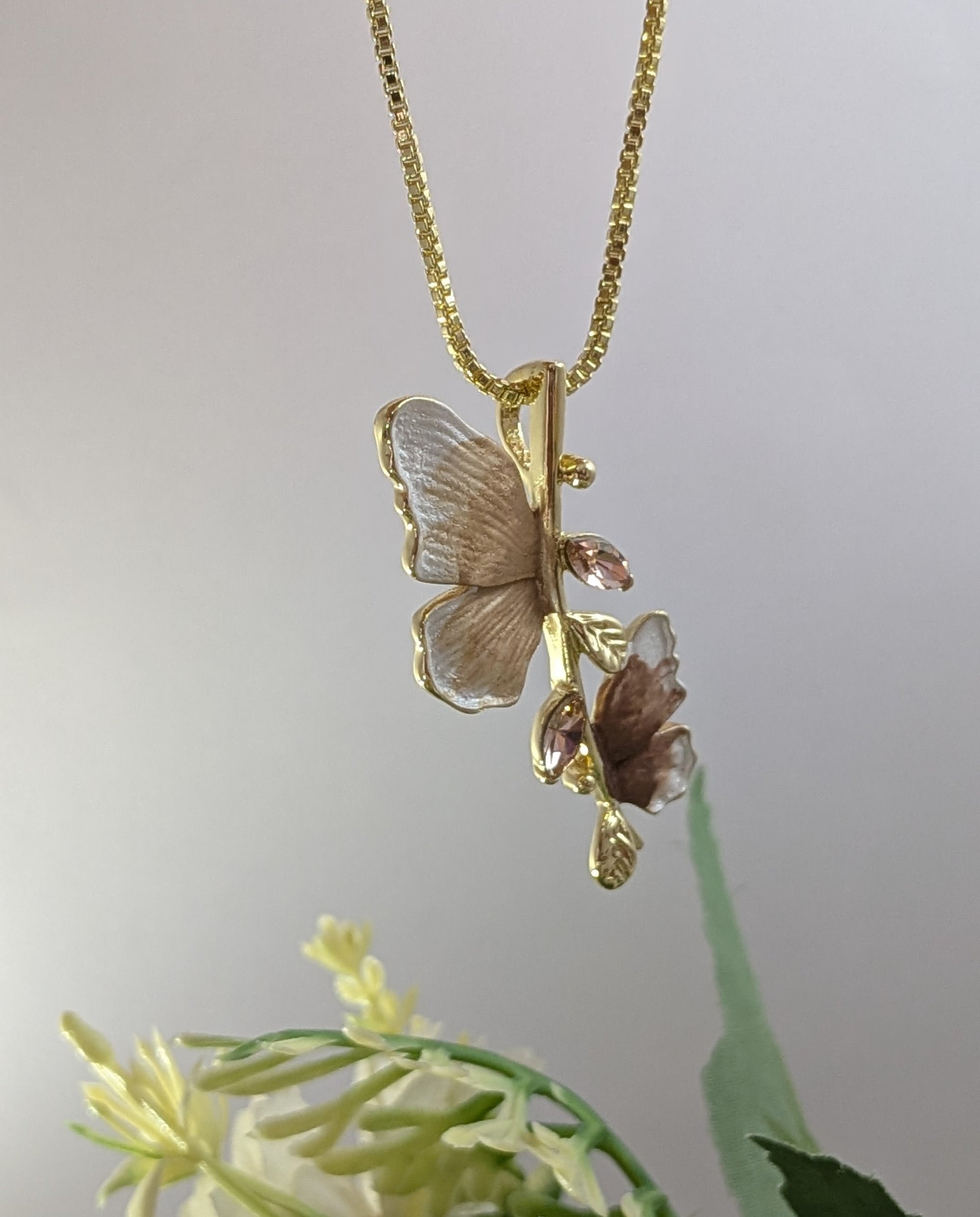 Whispers of Wings Pendant Set – butterfly wing pendant in gold and blush with crystals