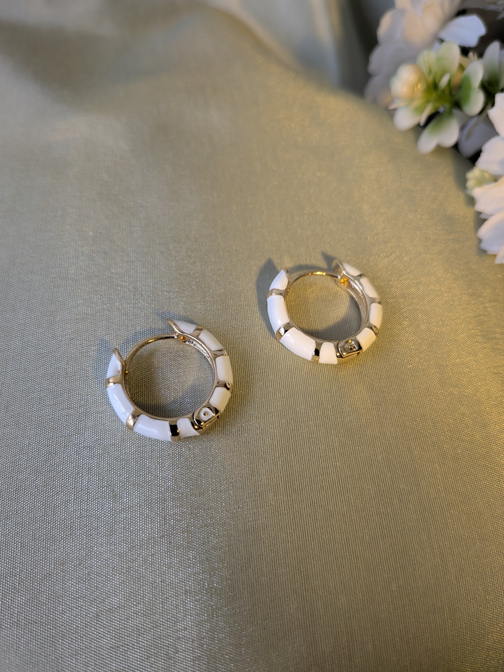 Ivory Edge Enamel Hoops – white enamel hoops with gold accents