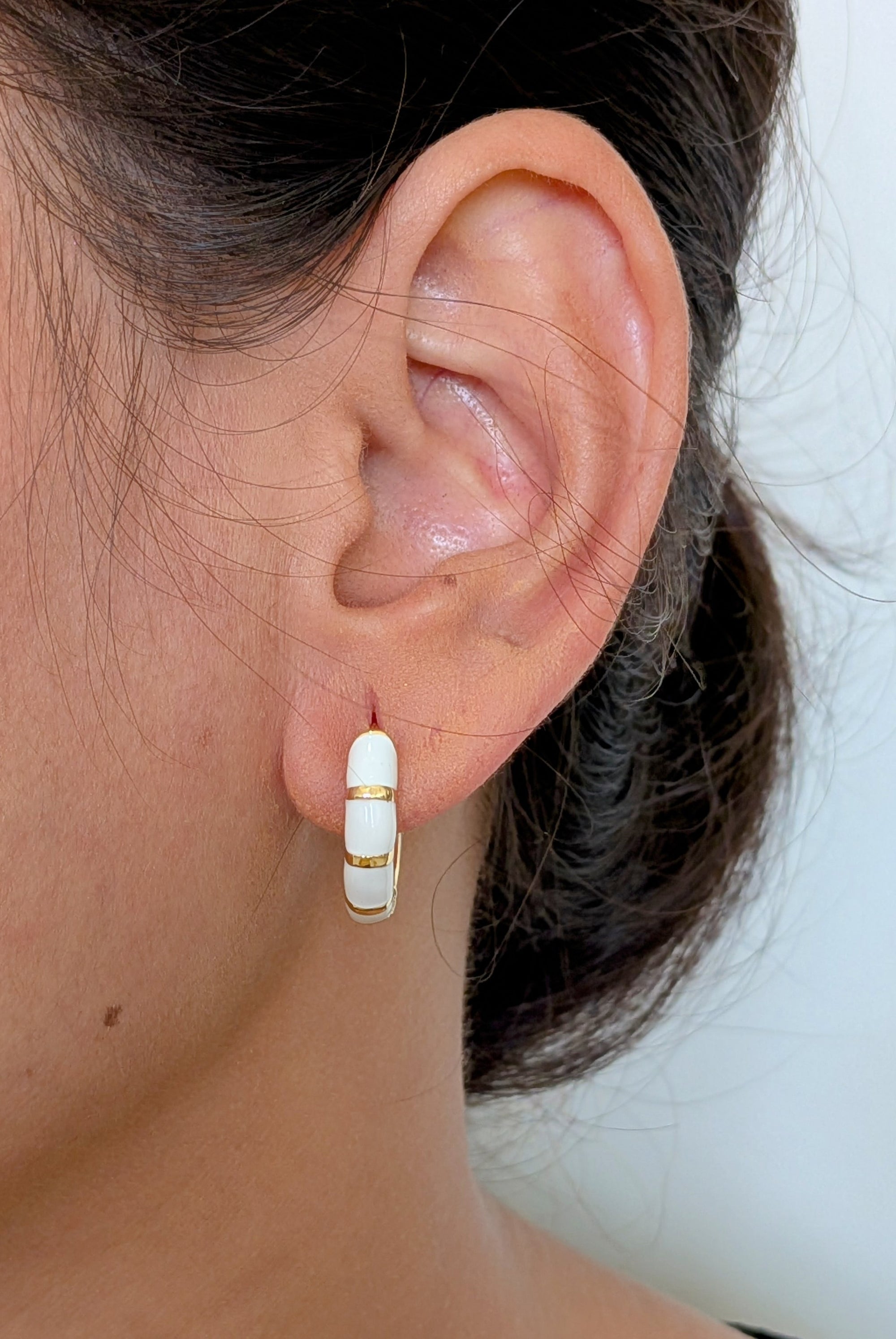 Ivory Edge Enamel Hoops – white enamel hoops with gold accents
