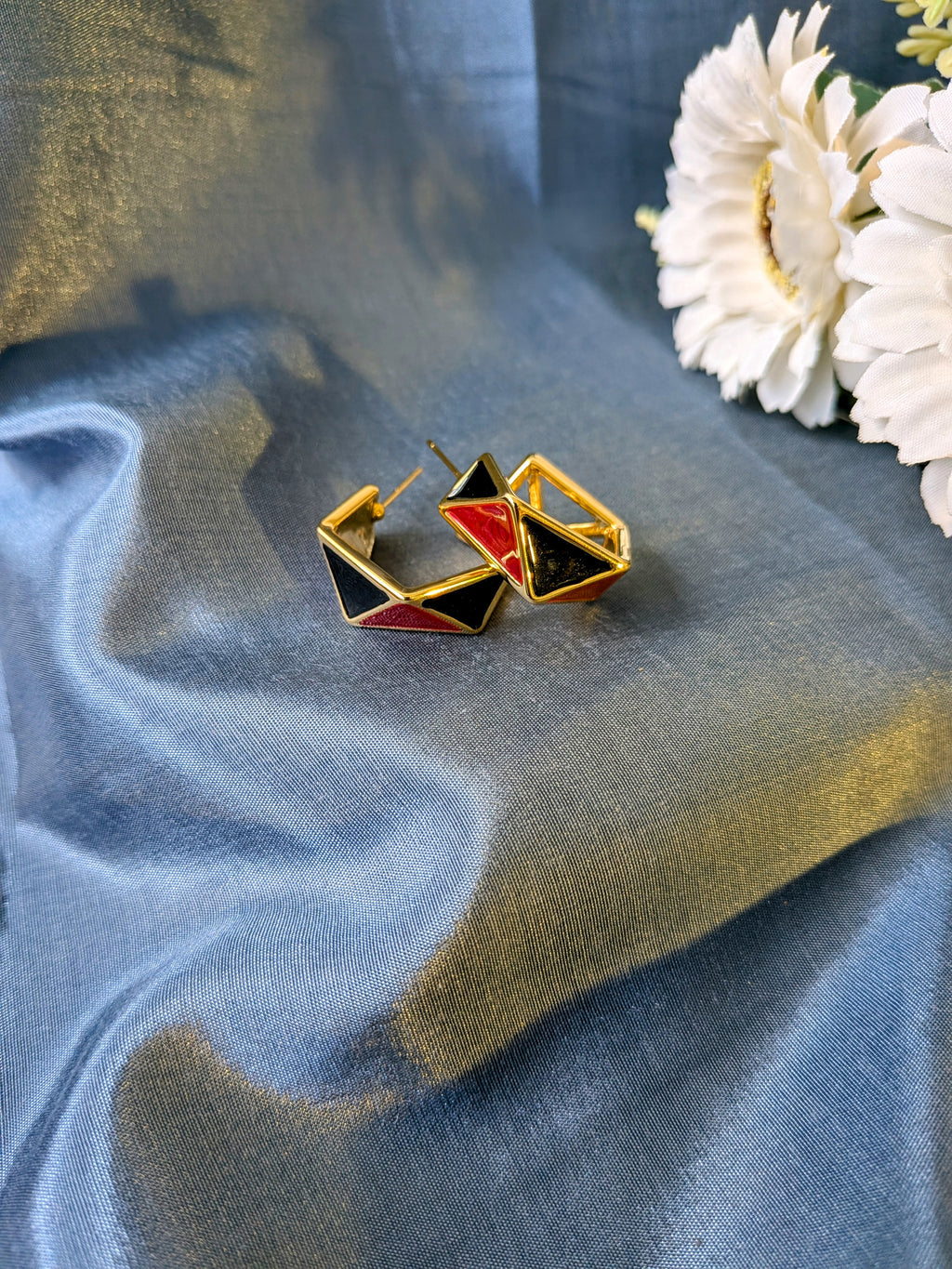 GeoEdge Enamel Hoops – gold hoops with geometric black and red enamel