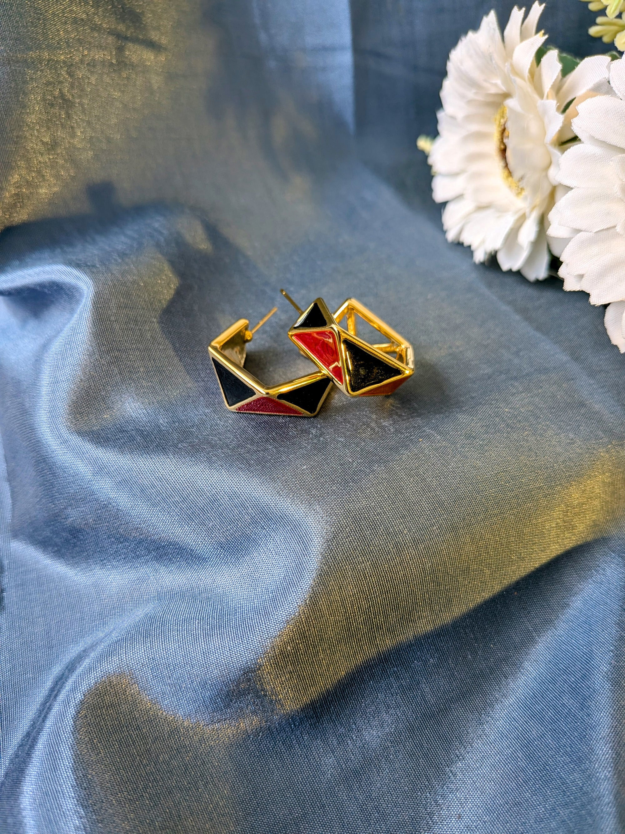 GeoEdge Enamel Hoops – gold hoops with geometric black and red enamel