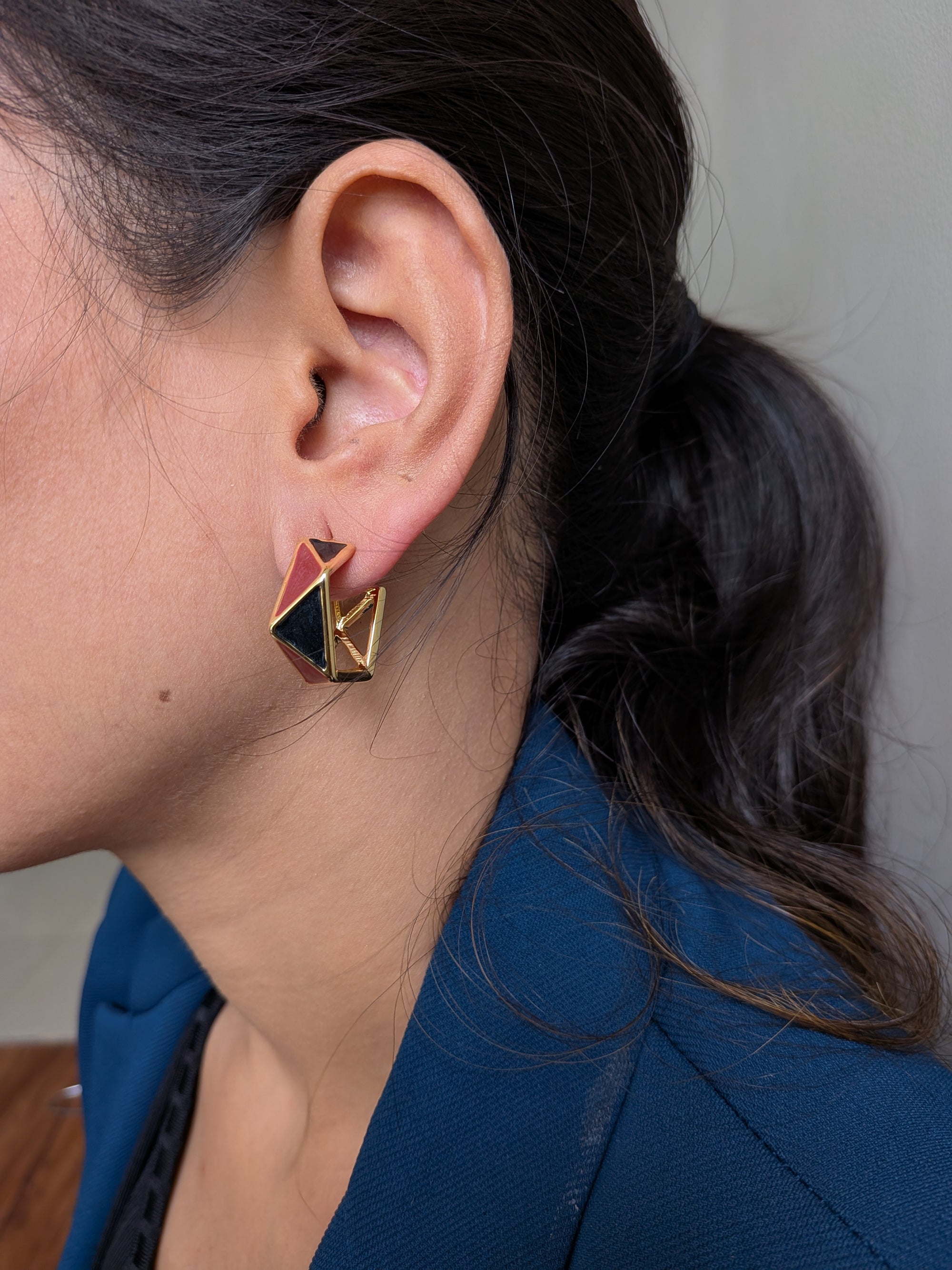 GeoEdge Enamel Hoops – gold hoops with geometric black and red enamel