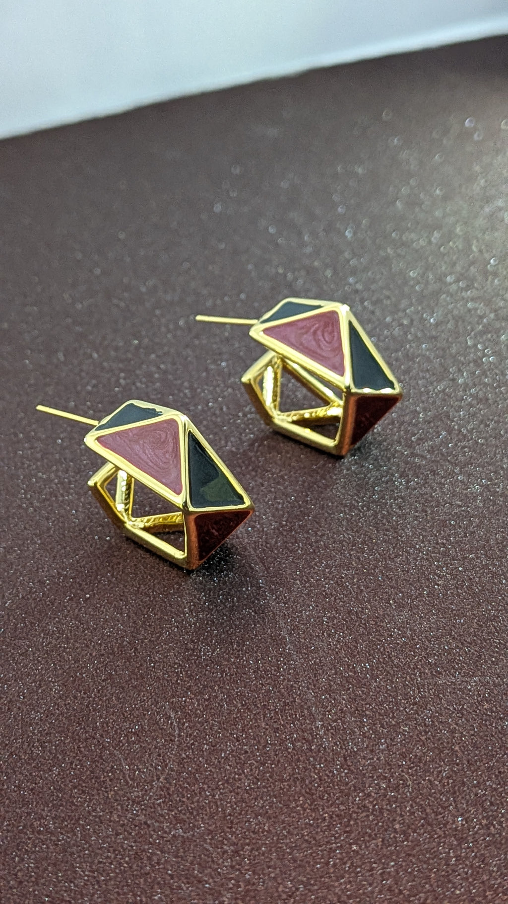 GeoEdge Enamel Hoops – gold hoops with geometric black and red enamel