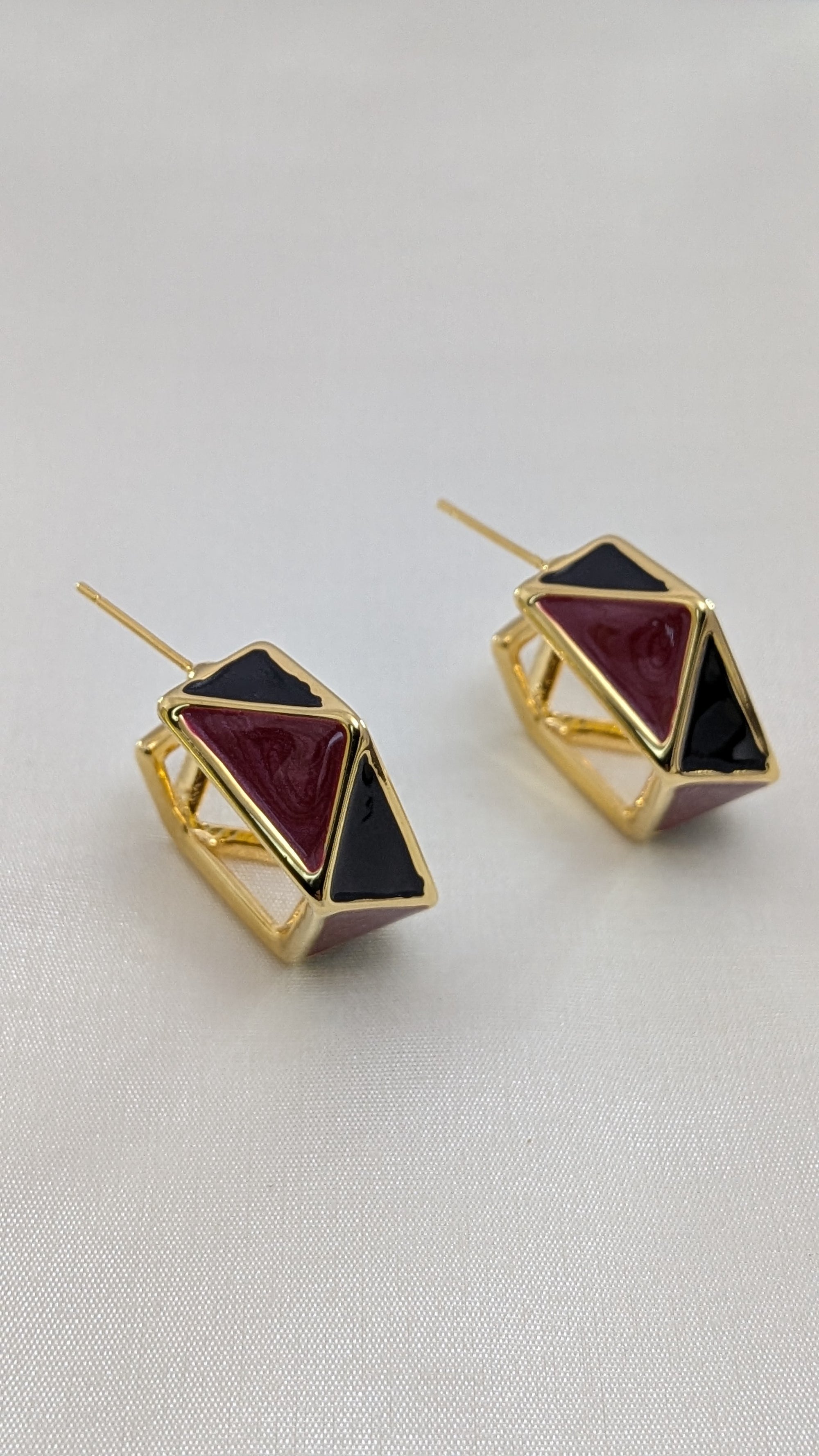 GeoEdge Enamel Hoops – gold hoops with geometric black and red enamel