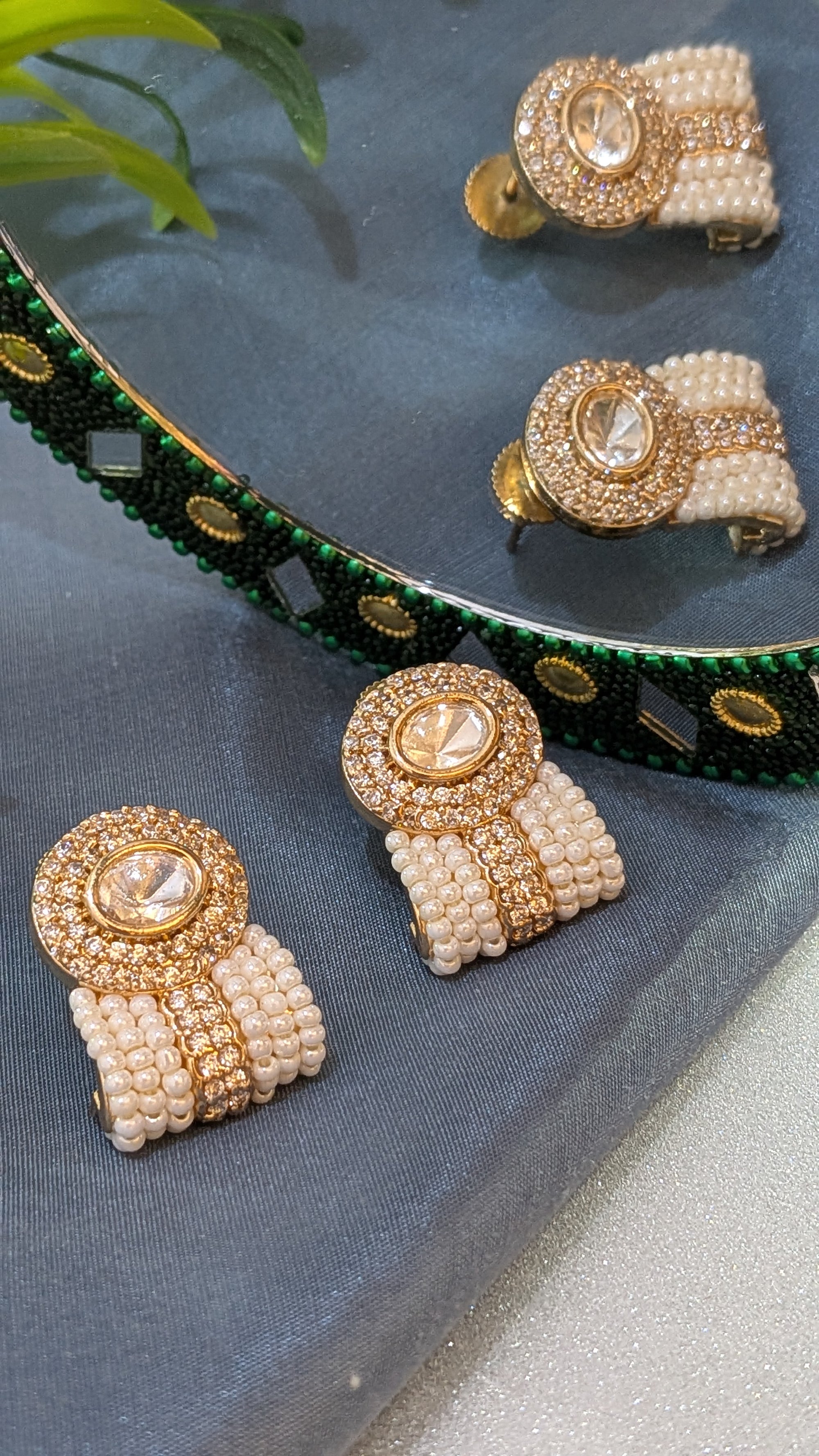 Kundan Studs – kundan center with CZ and maroon pearl accents