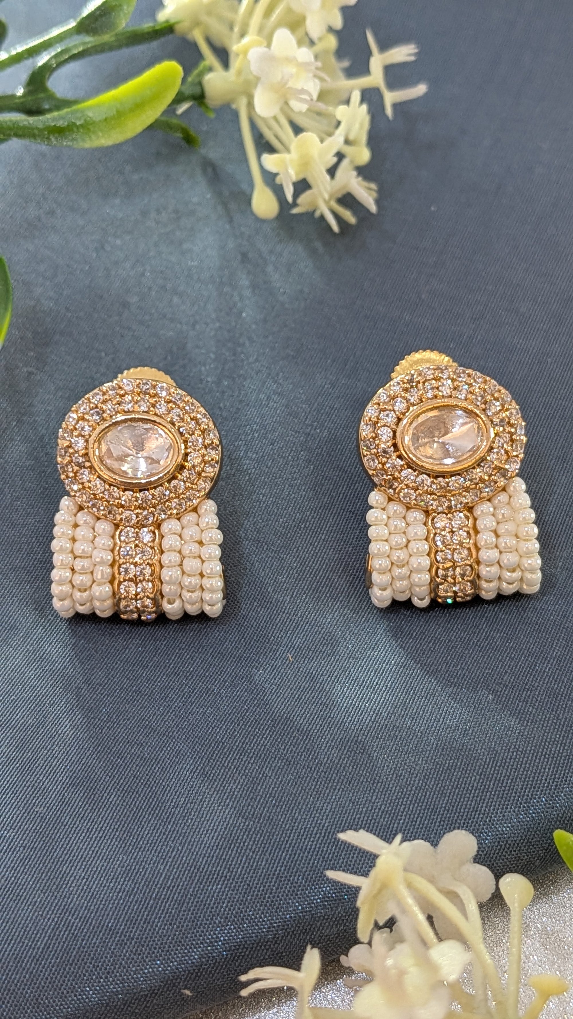 Kundan Studs – kundan center with CZ and maroon pearl accents