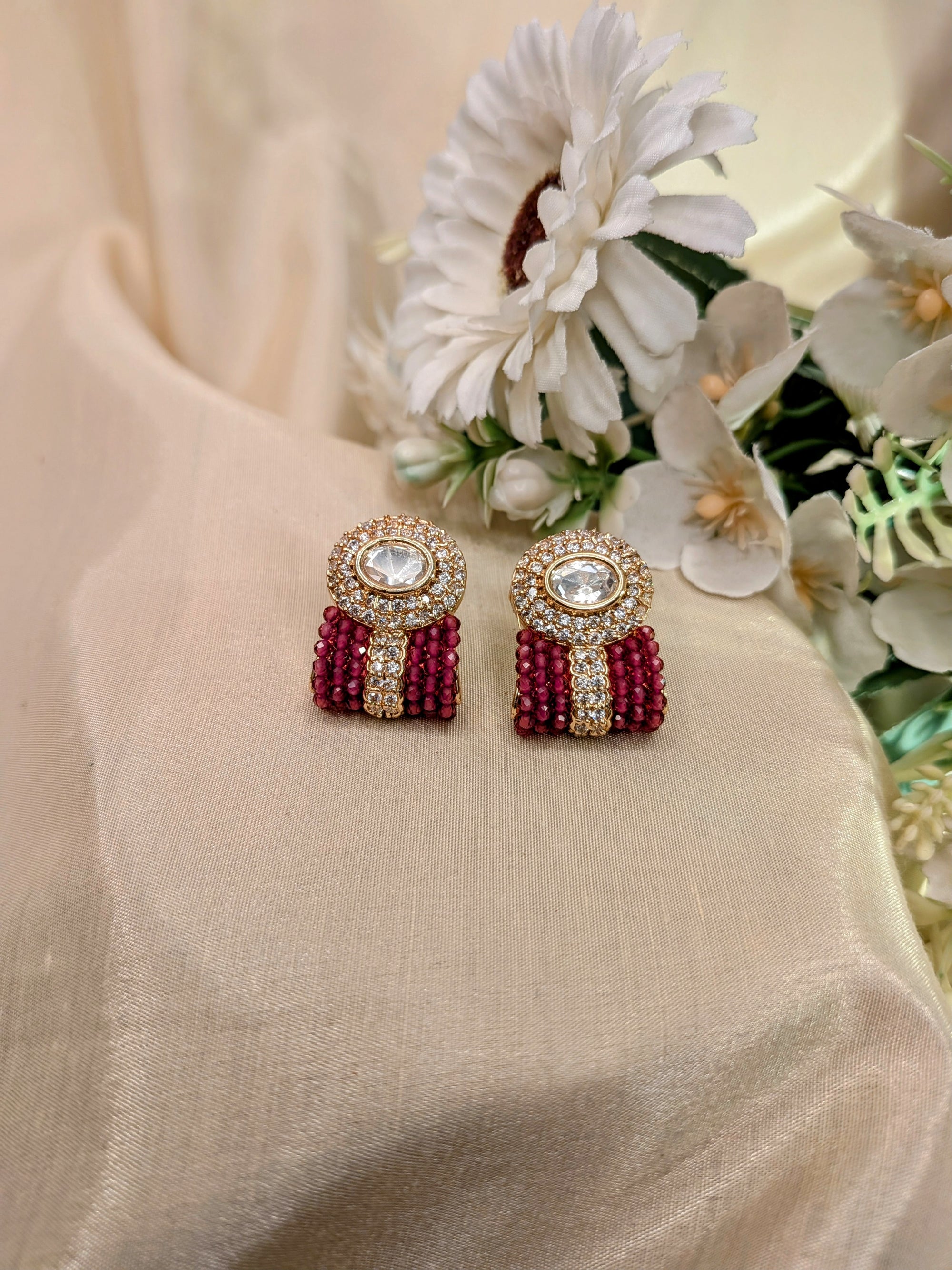 Kundan Studs – kundan center with CZ and maroon pearl accents