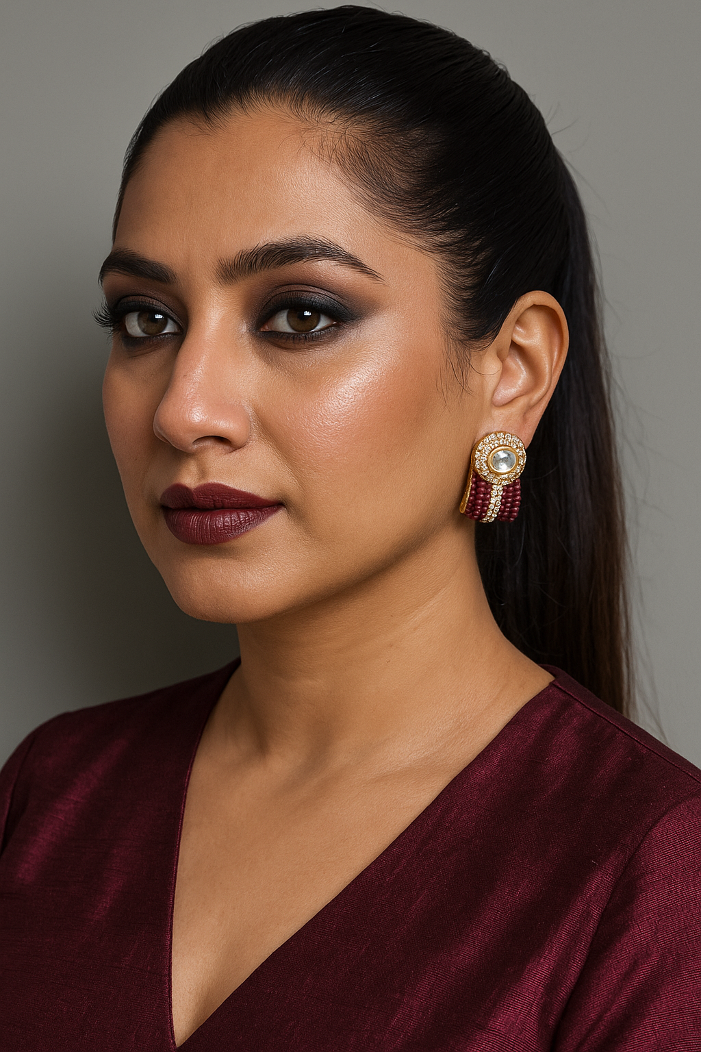 Kundan Studs – kundan center with CZ and maroon pearl accents