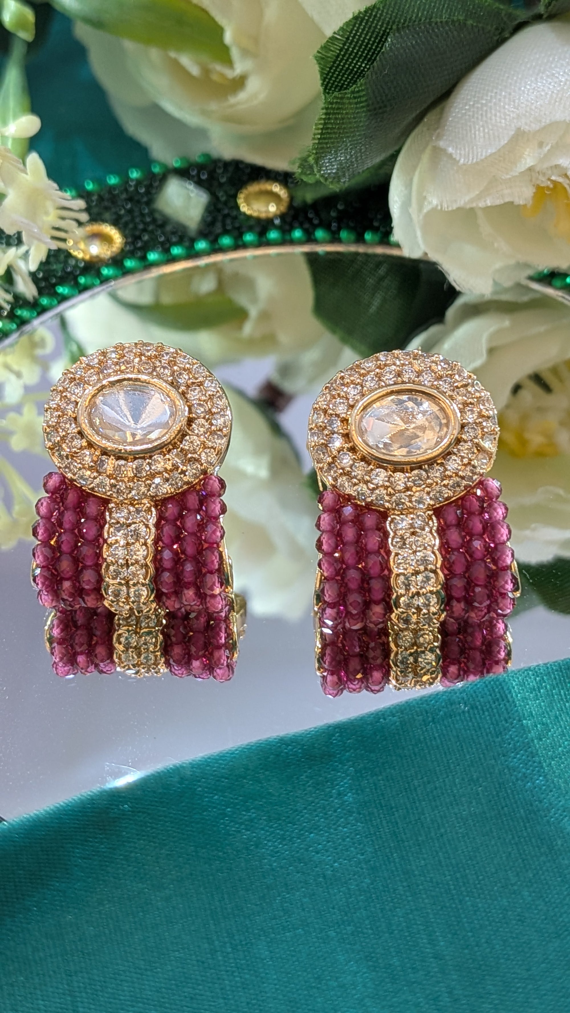 Kundan Studs – kundan center with CZ and maroon pearl accents