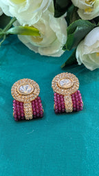 Kundan Studs – kundan center with CZ and maroon pearl accents