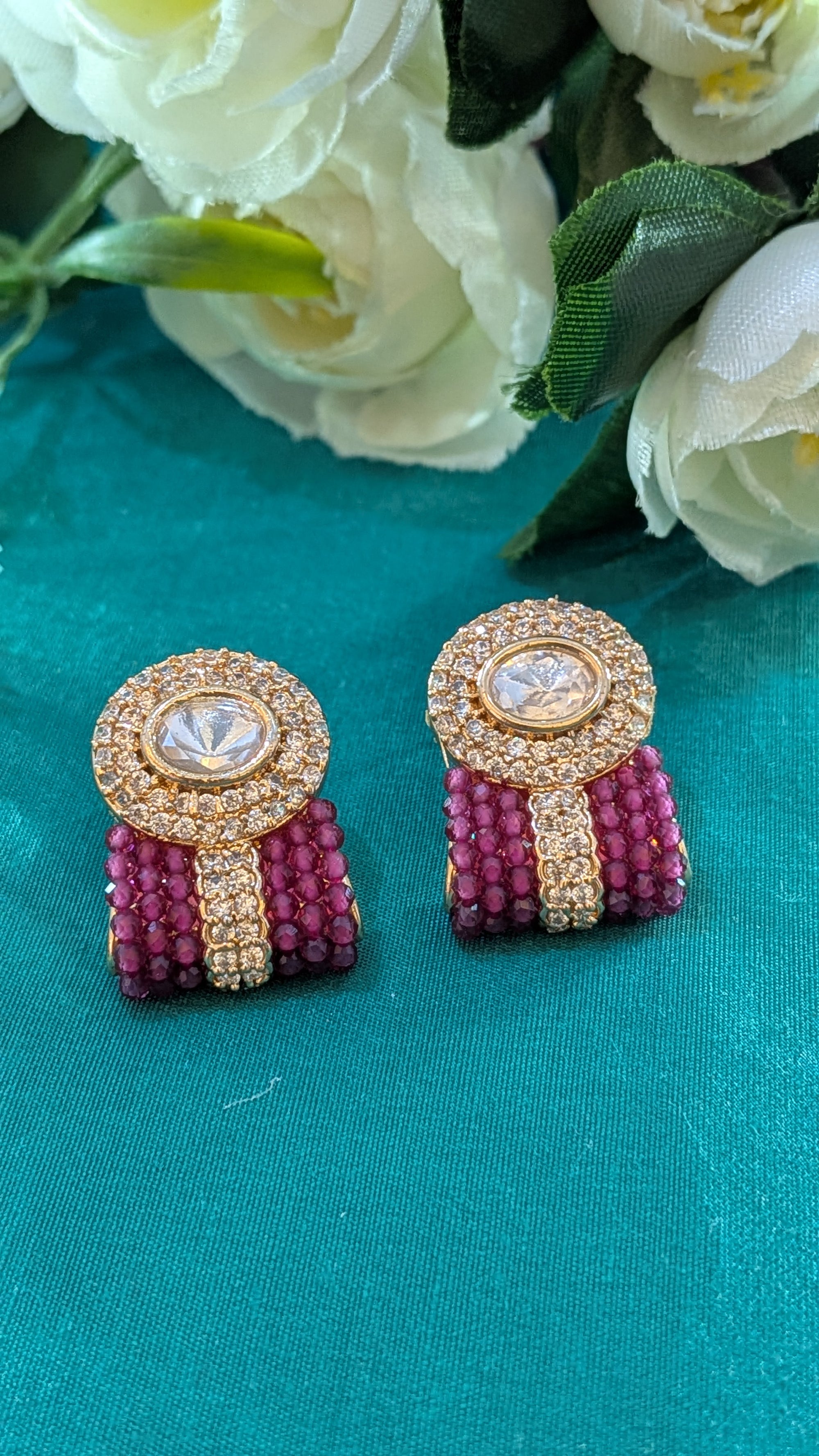 Kundan Studs – kundan center with CZ and maroon pearl accents