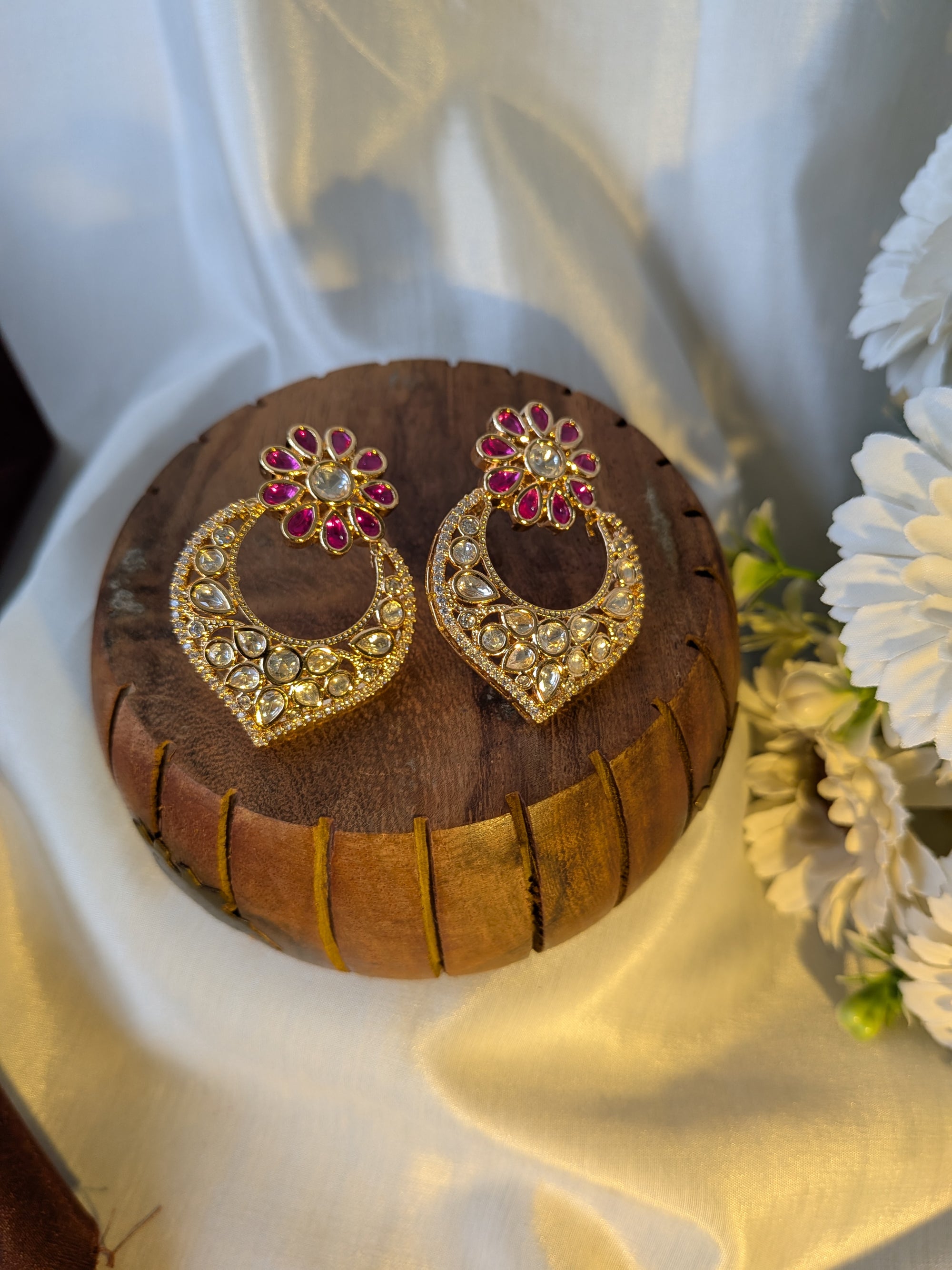 Kundan Floral Chandbalis – crescent earrings with ruby petals and kundan stones