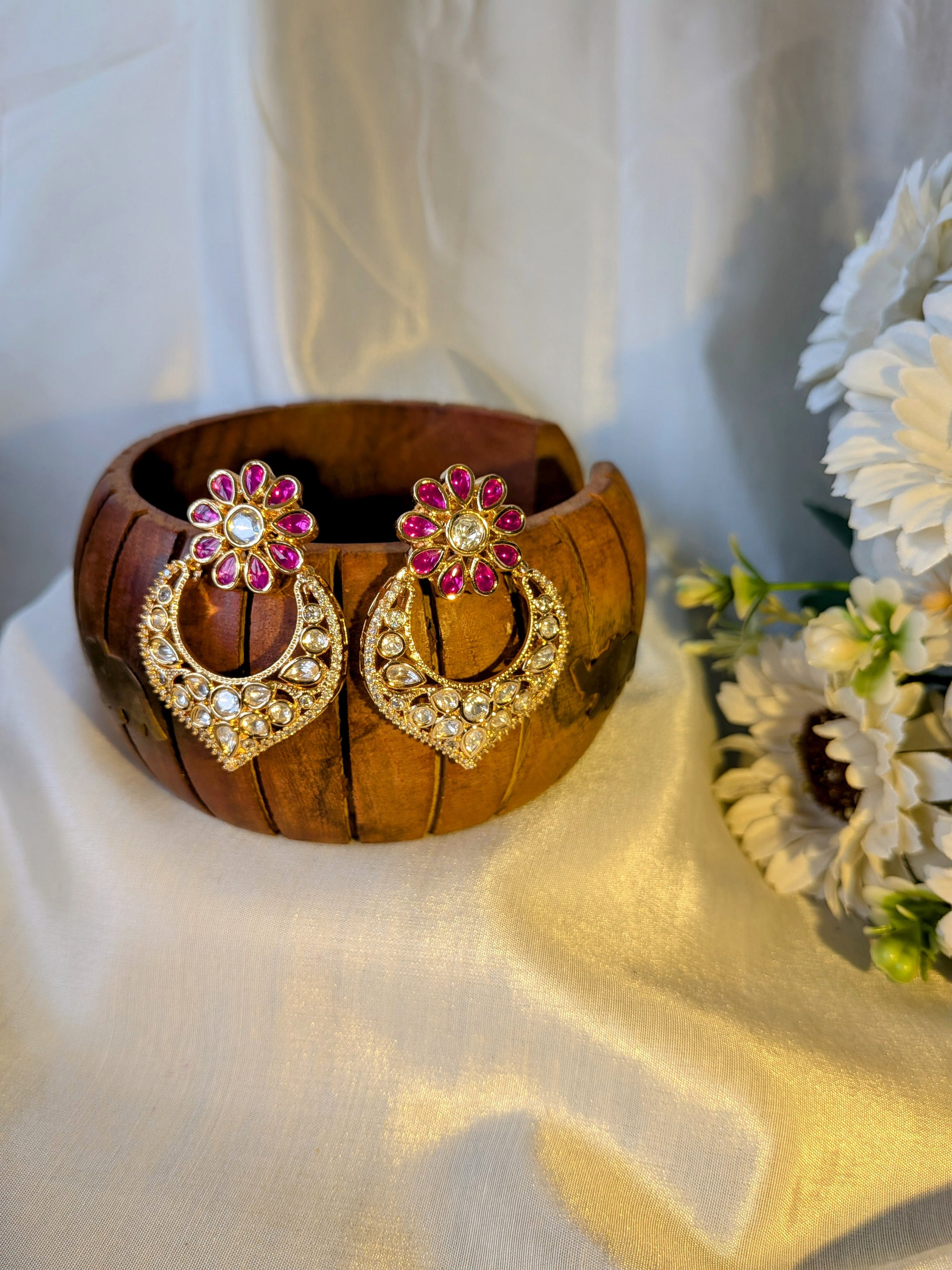 Kundan Floral Chandbalis – crescent earrings with ruby petals and kundan stones