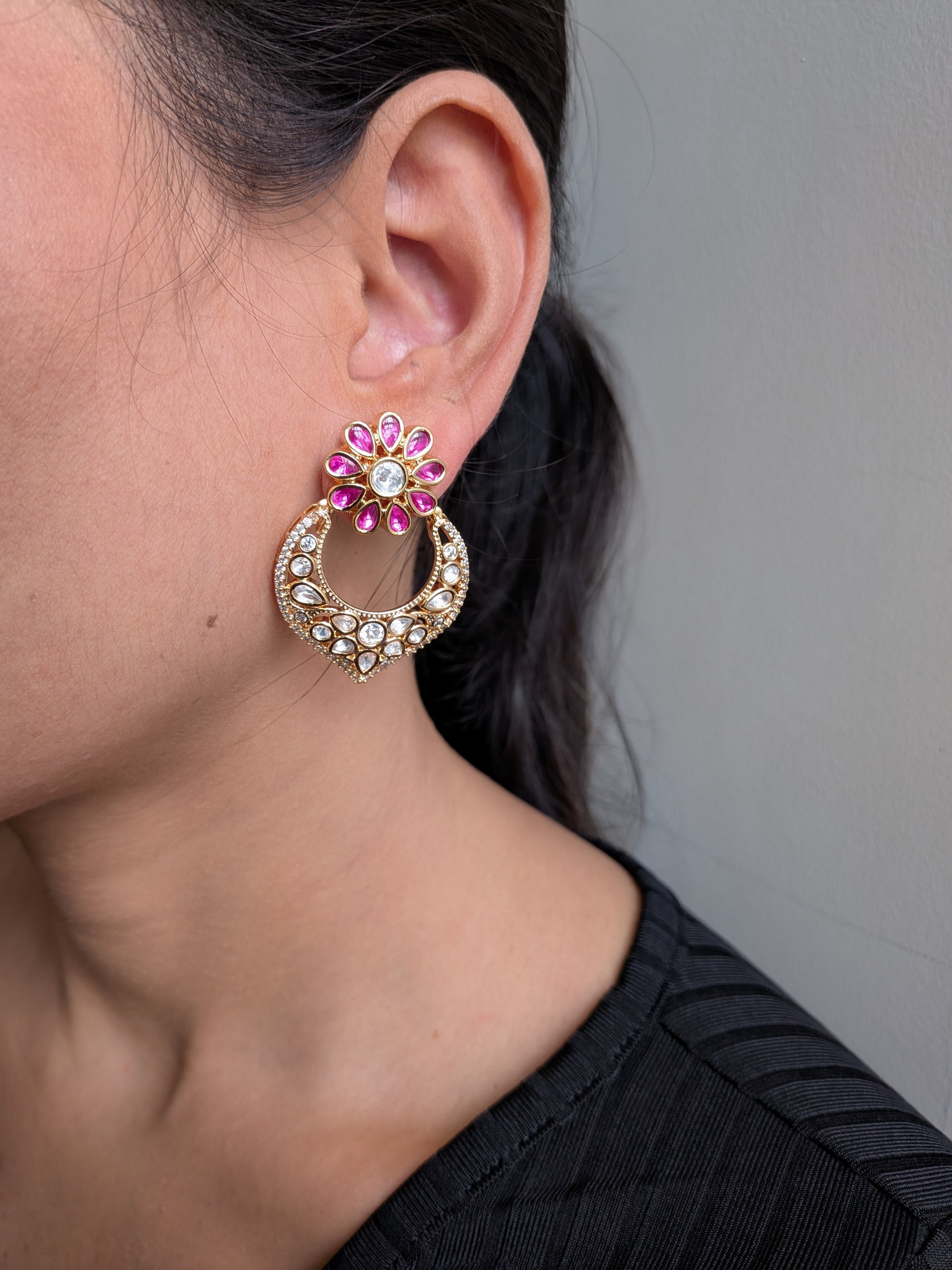 Kundan Floral Chandbalis – crescent earrings with ruby petals and kundan stones