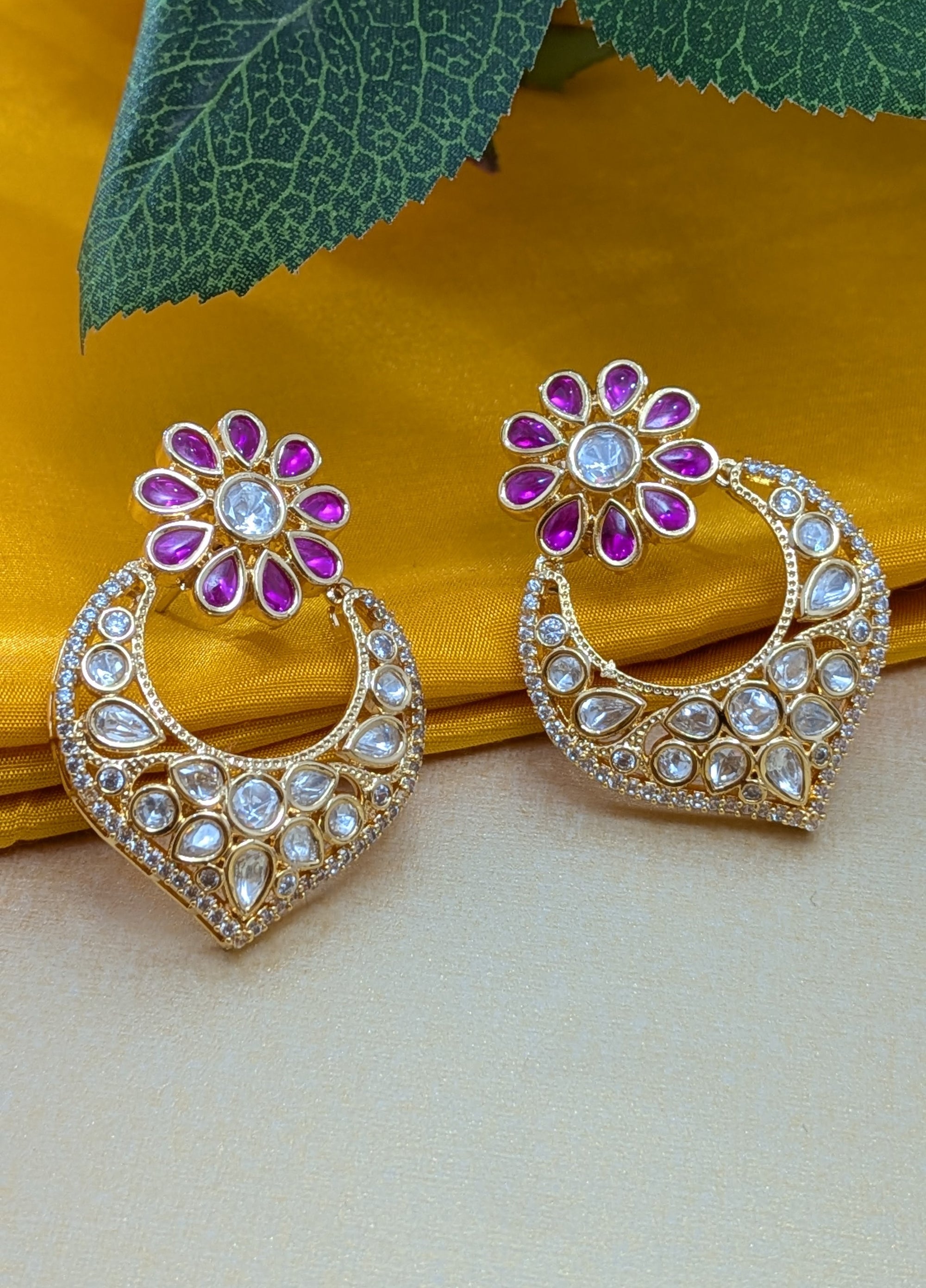 Kundan Floral Chandbalis – crescent earrings with ruby petals and kundan stones