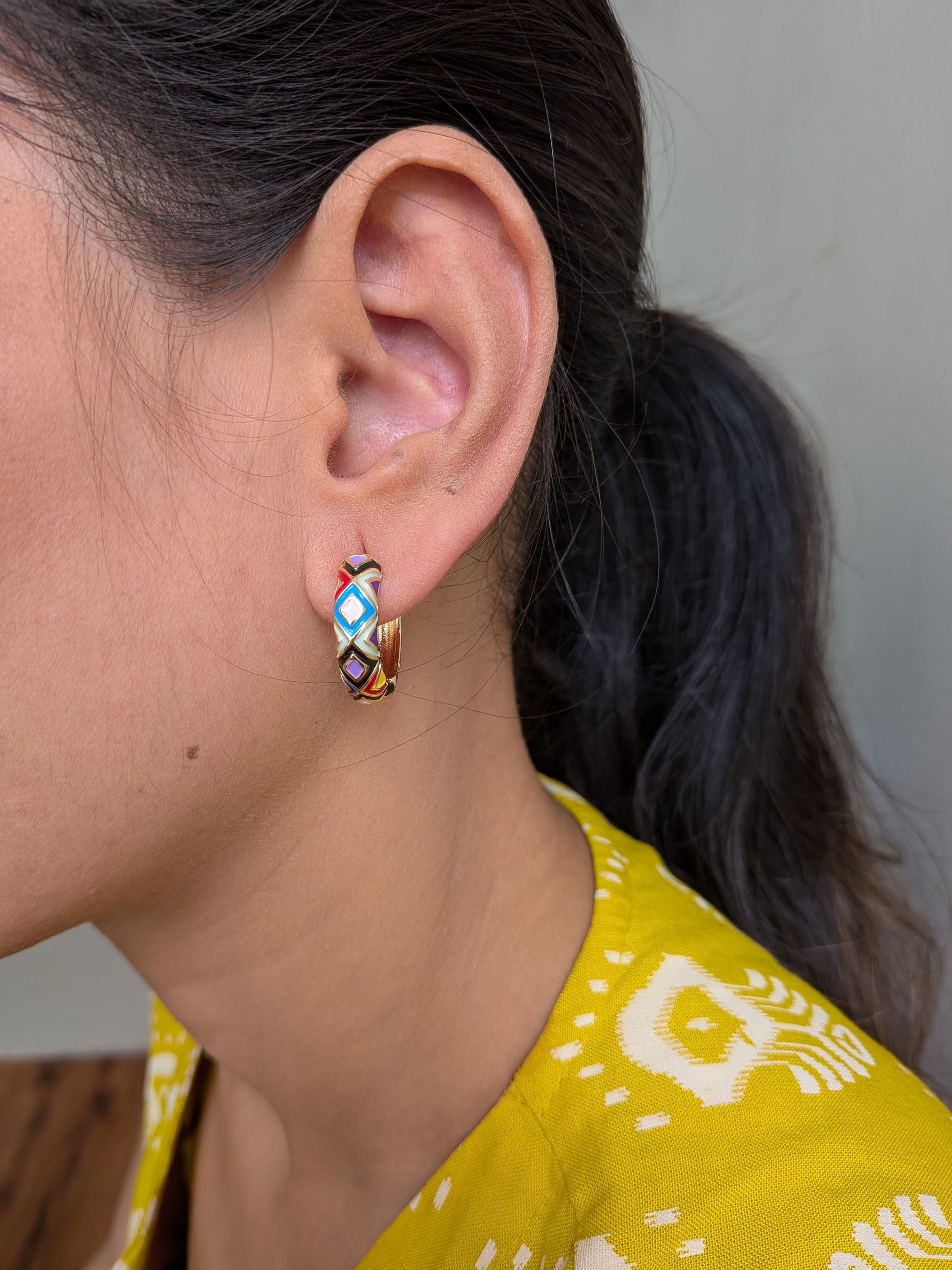 Mosaic Pop Hoop Earrings – colorful enamel blocks on gold hoops