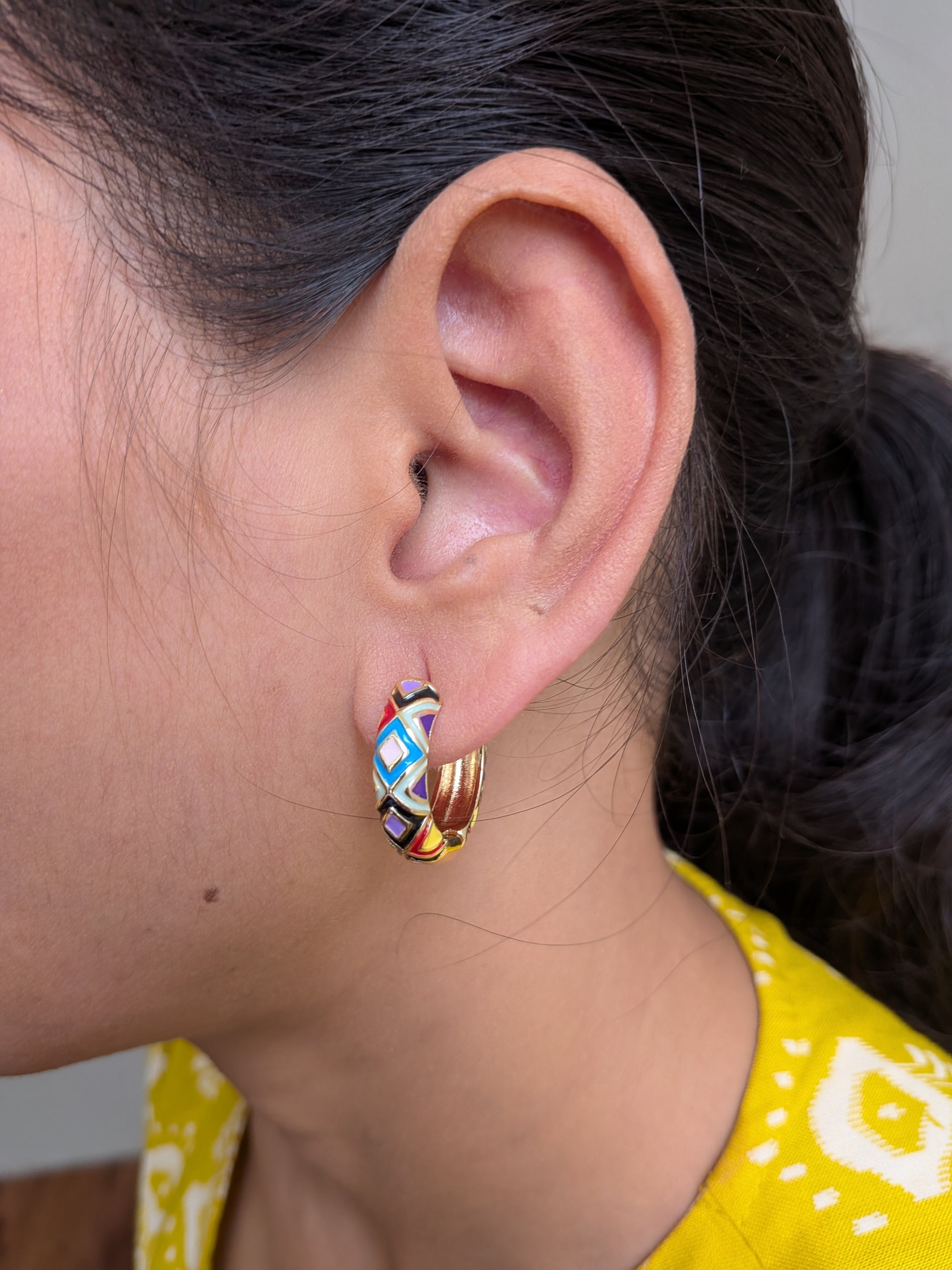 Mosaic Pop Hoop Earrings – colorful enamel blocks on gold hoops