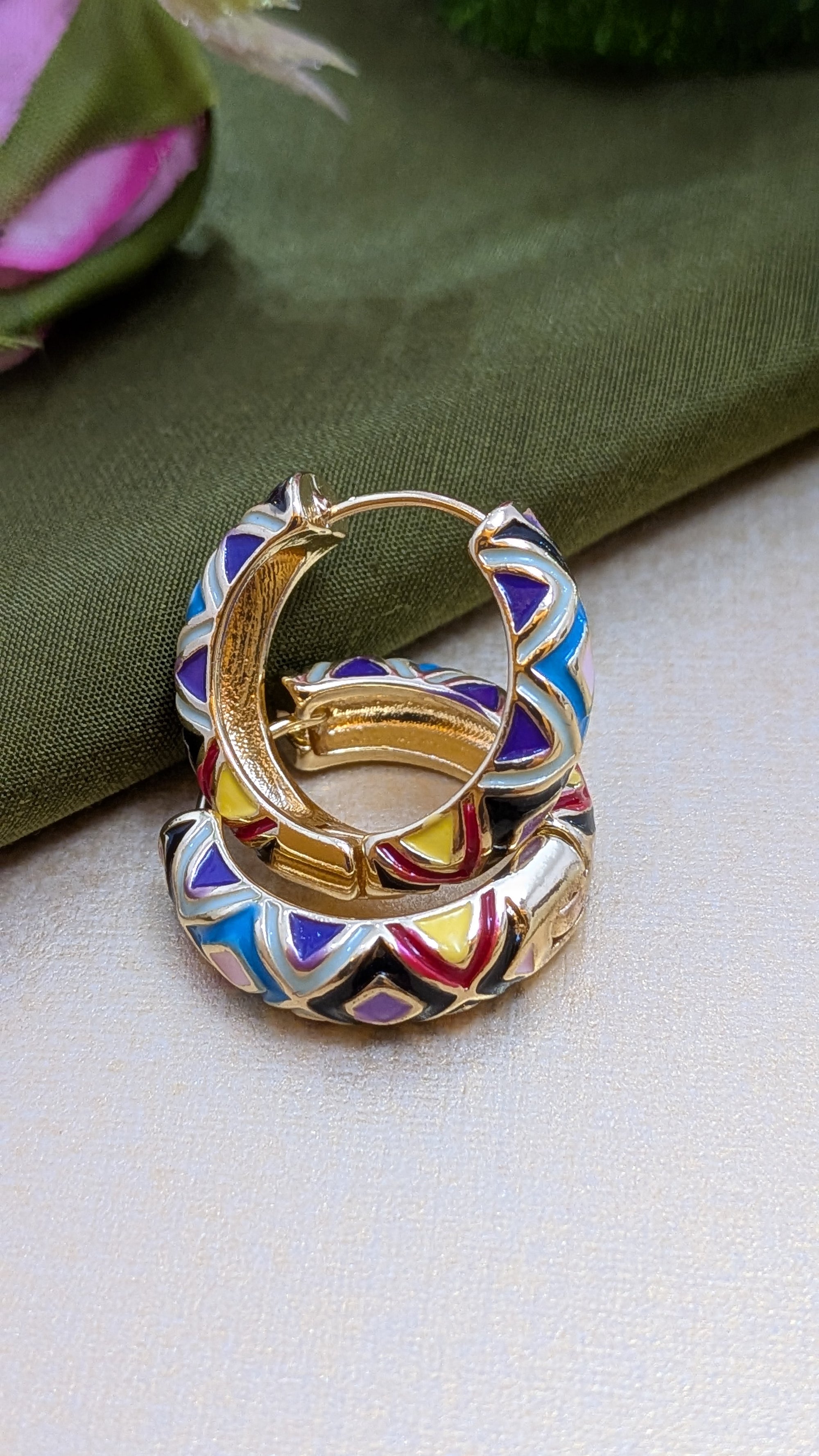 Mosaic Pop Hoop Earrings – colorful enamel blocks on gold hoops