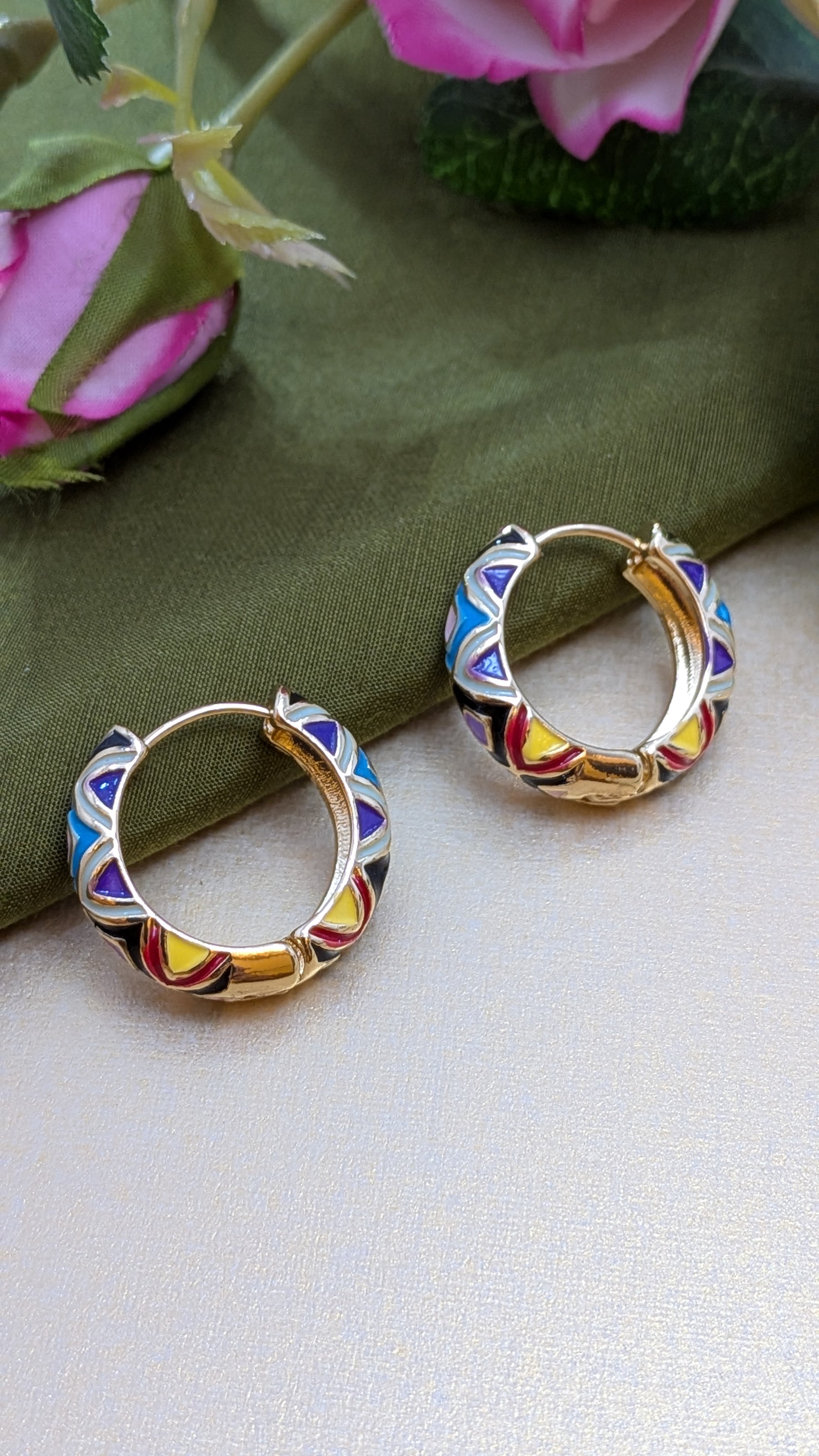 Mosaic Pop Hoop Earrings – colorful enamel blocks on gold hoops