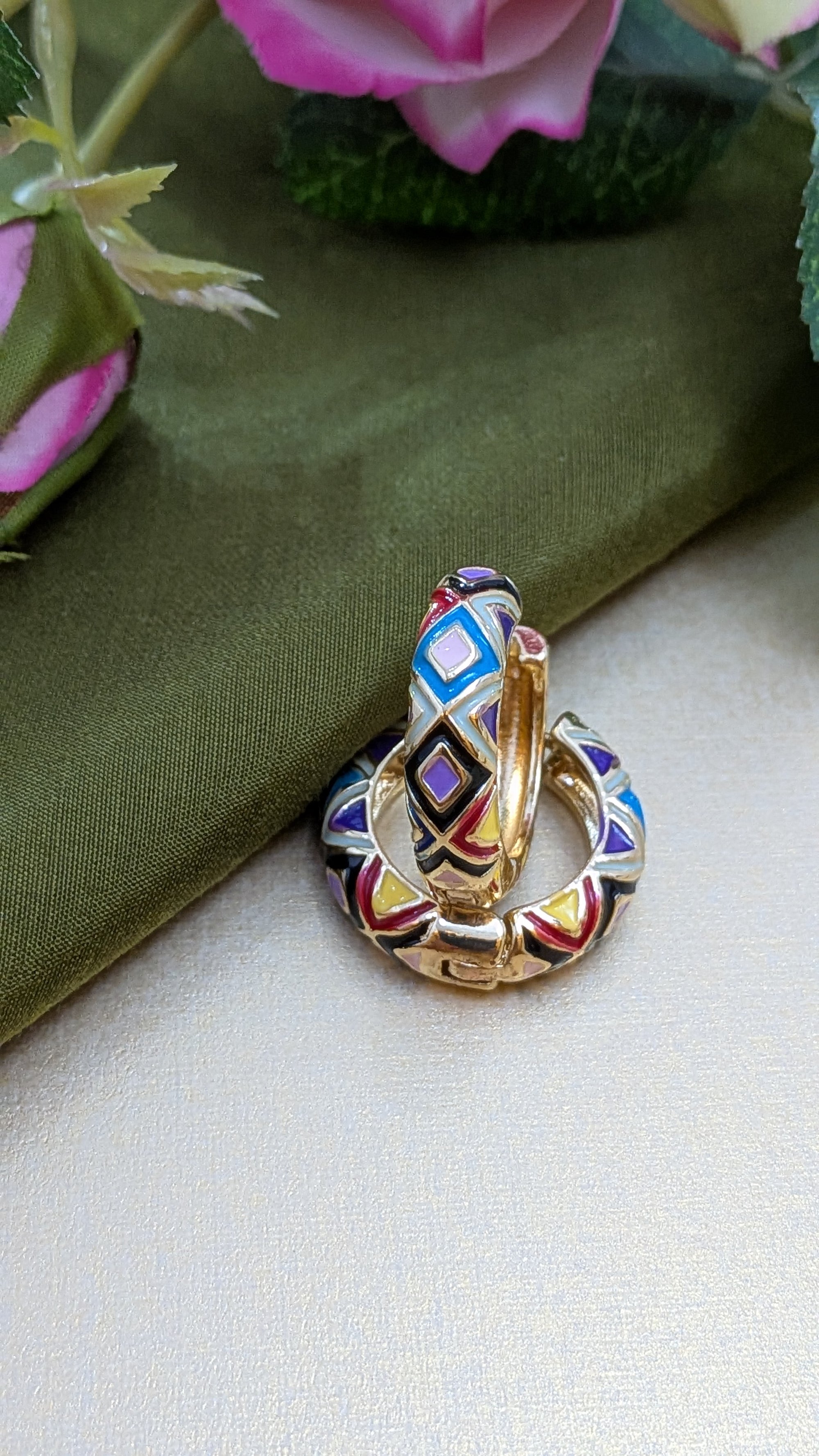 Mosaic Pop Hoop Earrings – colorful enamel blocks on gold hoops