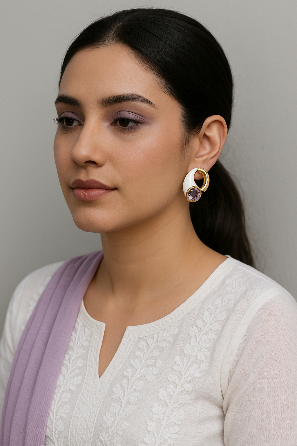 Luna Lilac Enamel Studs – ivory enamel hoops with lavender crystal